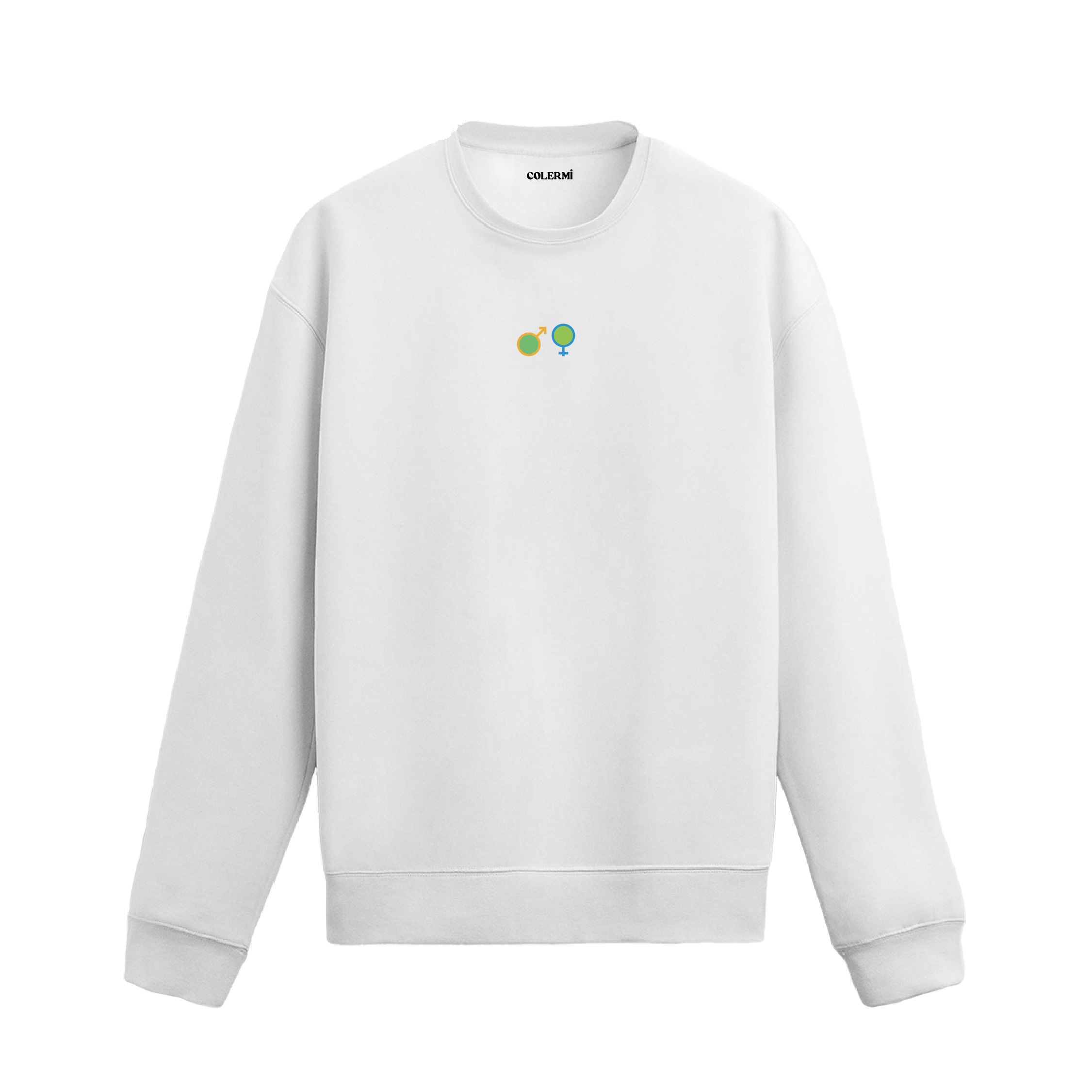Siyah sweatshirt üzerinde minimal kadın ve erkek sembolleri detayı.