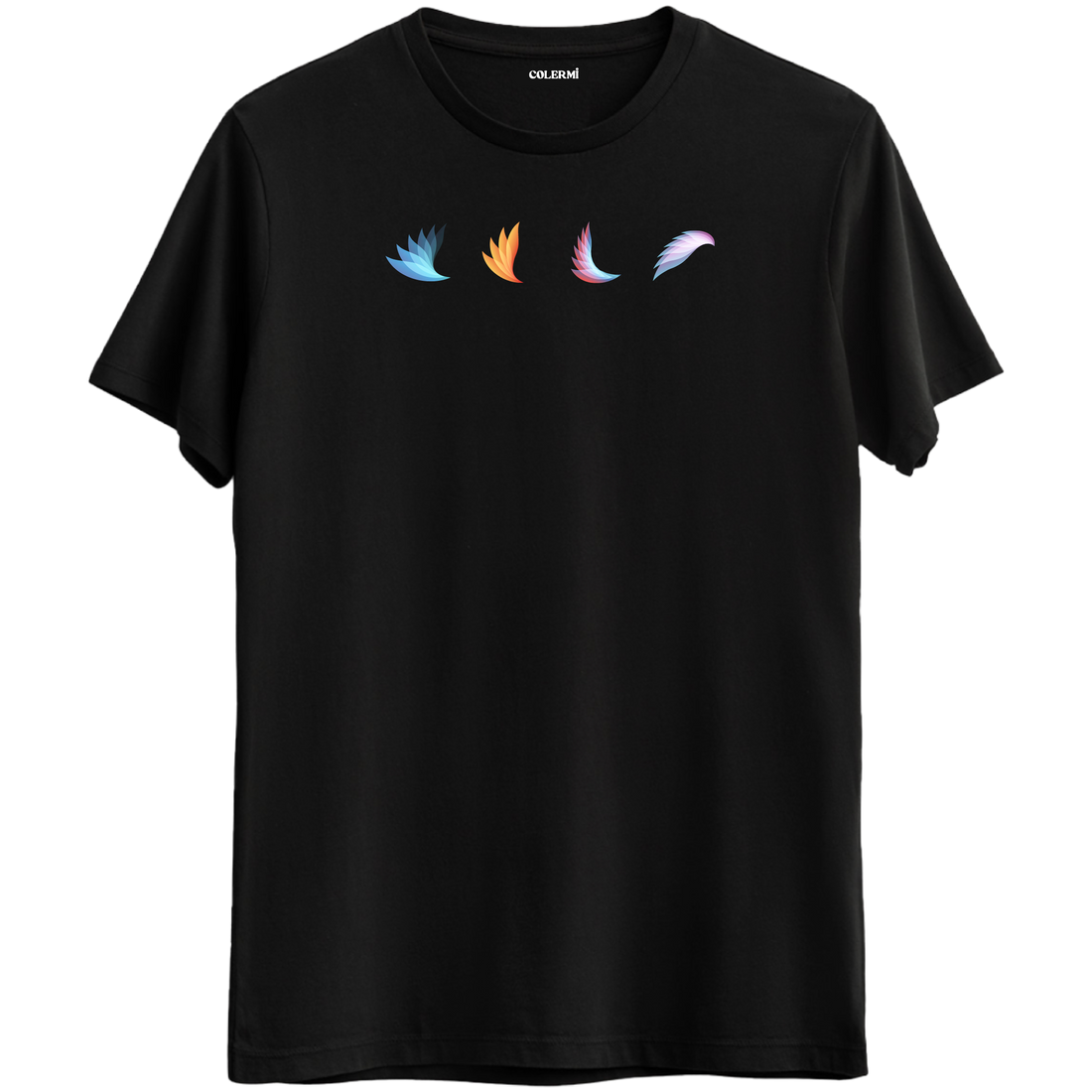 Özgürlüğün ve gelişimin sembolü olan minimal kanat baskılı siyah Bisiklet Yaka T-Shirt.