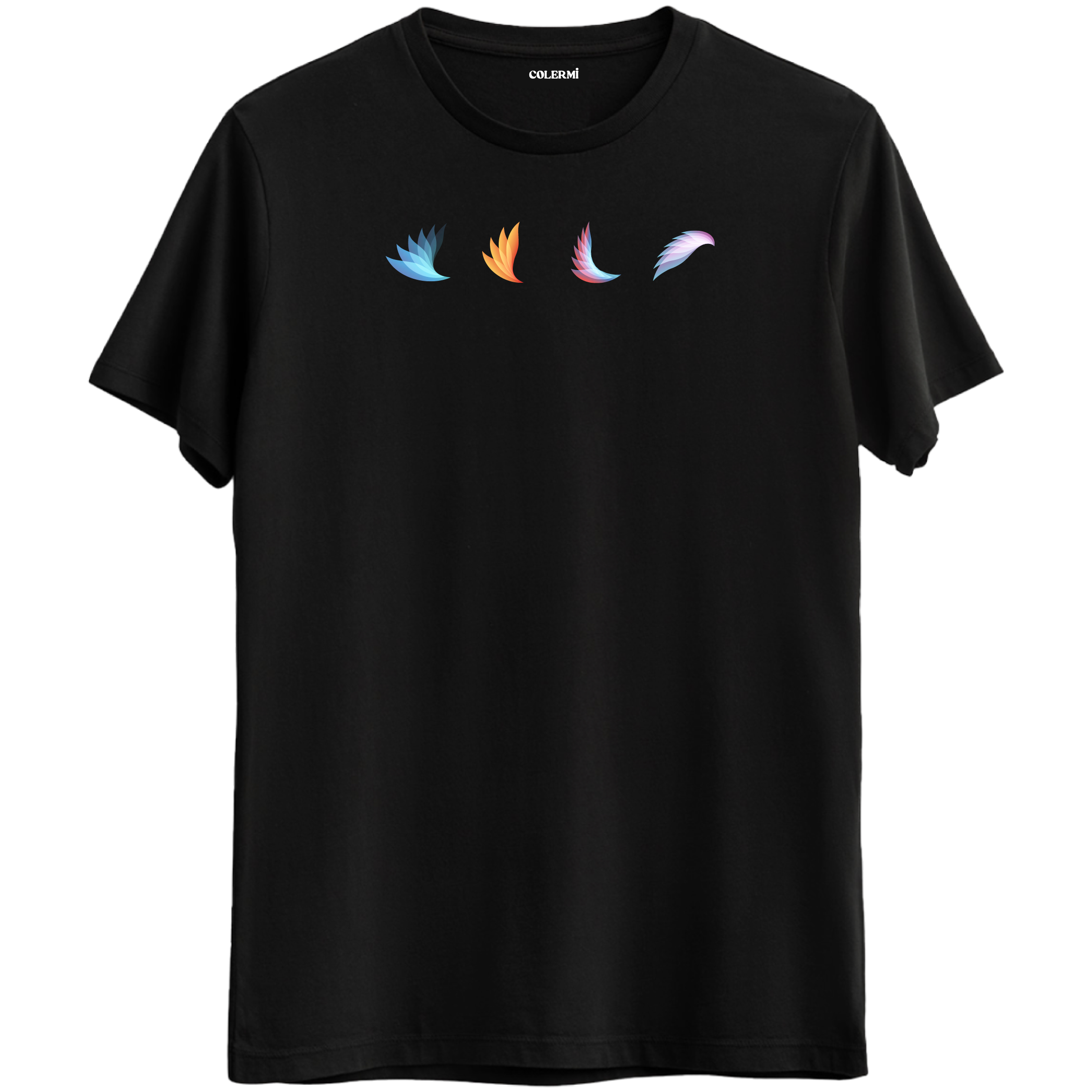 Özgürlüğün ve gelişimin sembolü olan minimal kanat baskılı siyah Bisiklet Yaka T-Shirt.