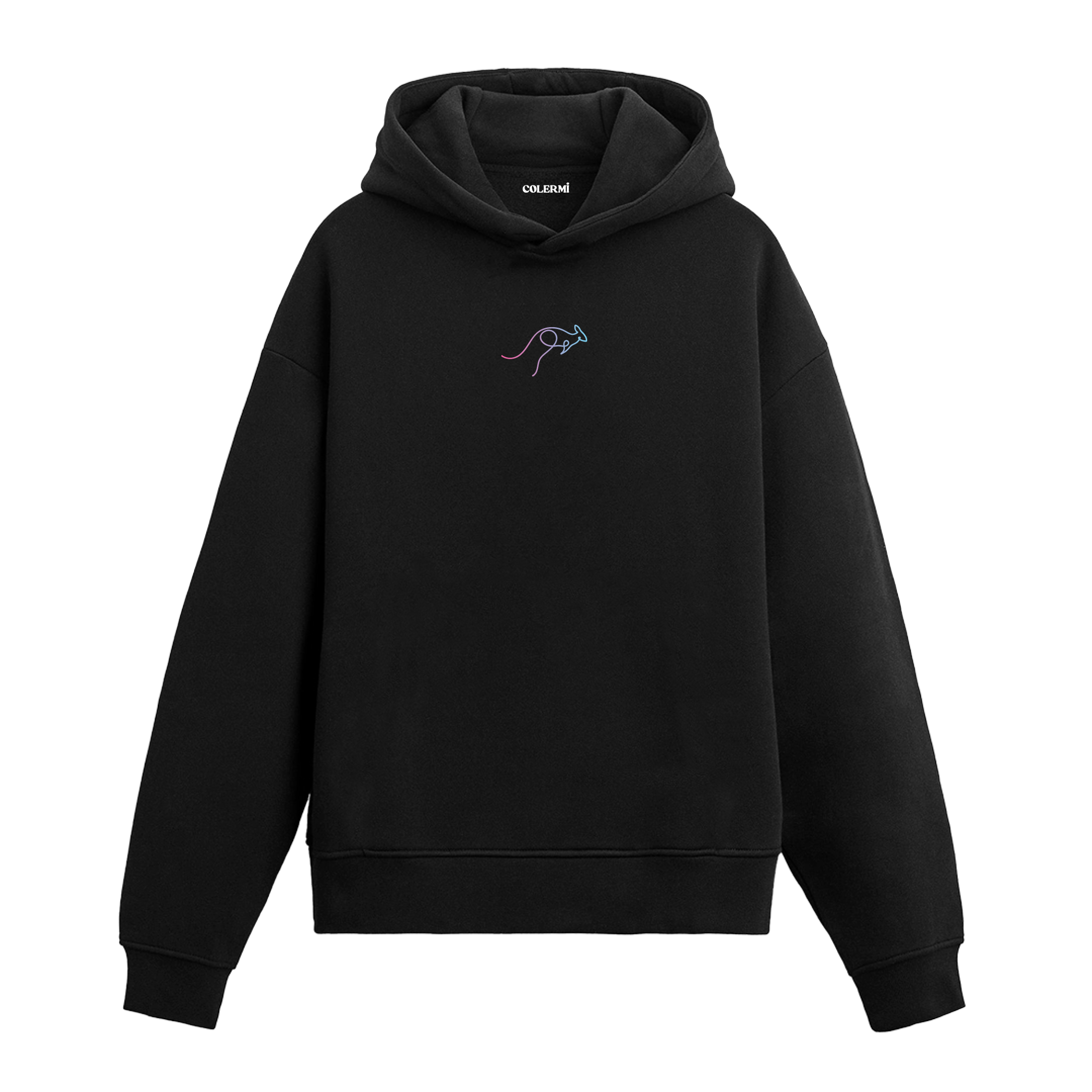 Siyah hoodie üzerinde minimal kanguru baskısı