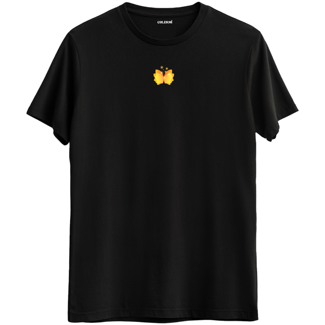 Kelebek etkisinin zarif yansıması olan minimal kelebek baskılı siyah Bisiklet Yaka T-Shirt.