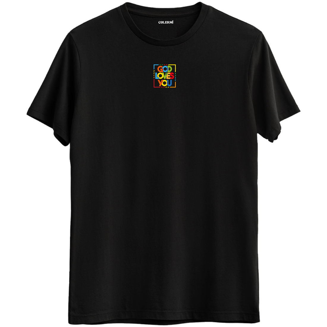 Sevginin en sade halini yansıtan minimal "God Loves You" baskılı siyah Bisiklet Yaka T-Shirt.