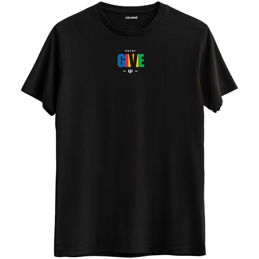Motive edici mesaj veren "Never Give Up" baskılı siyah Bisiklet Yaka T-Shirt.