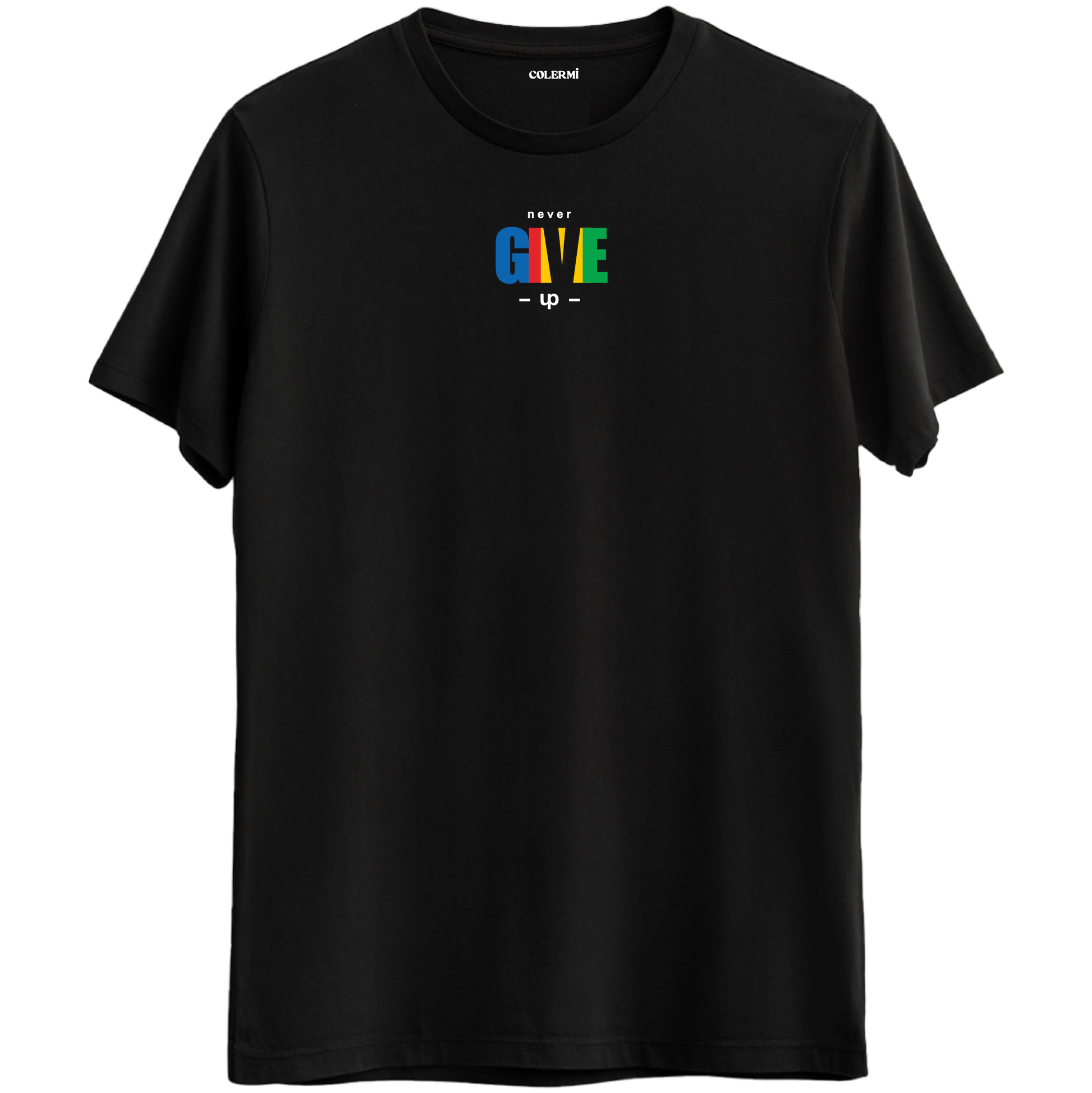 Motive edici mesaj veren "Never Give Up" baskılı siyah Bisiklet Yaka T-Shirt.