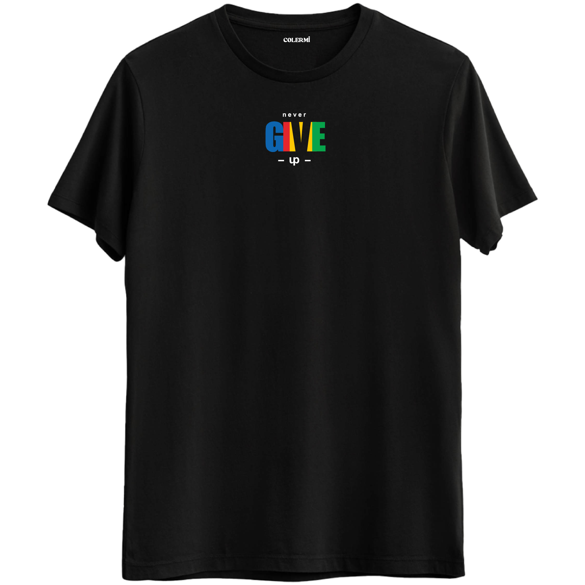 Motive edici mesaj veren "Never Give Up" baskılı siyah Bisiklet Yaka T-Shirt.