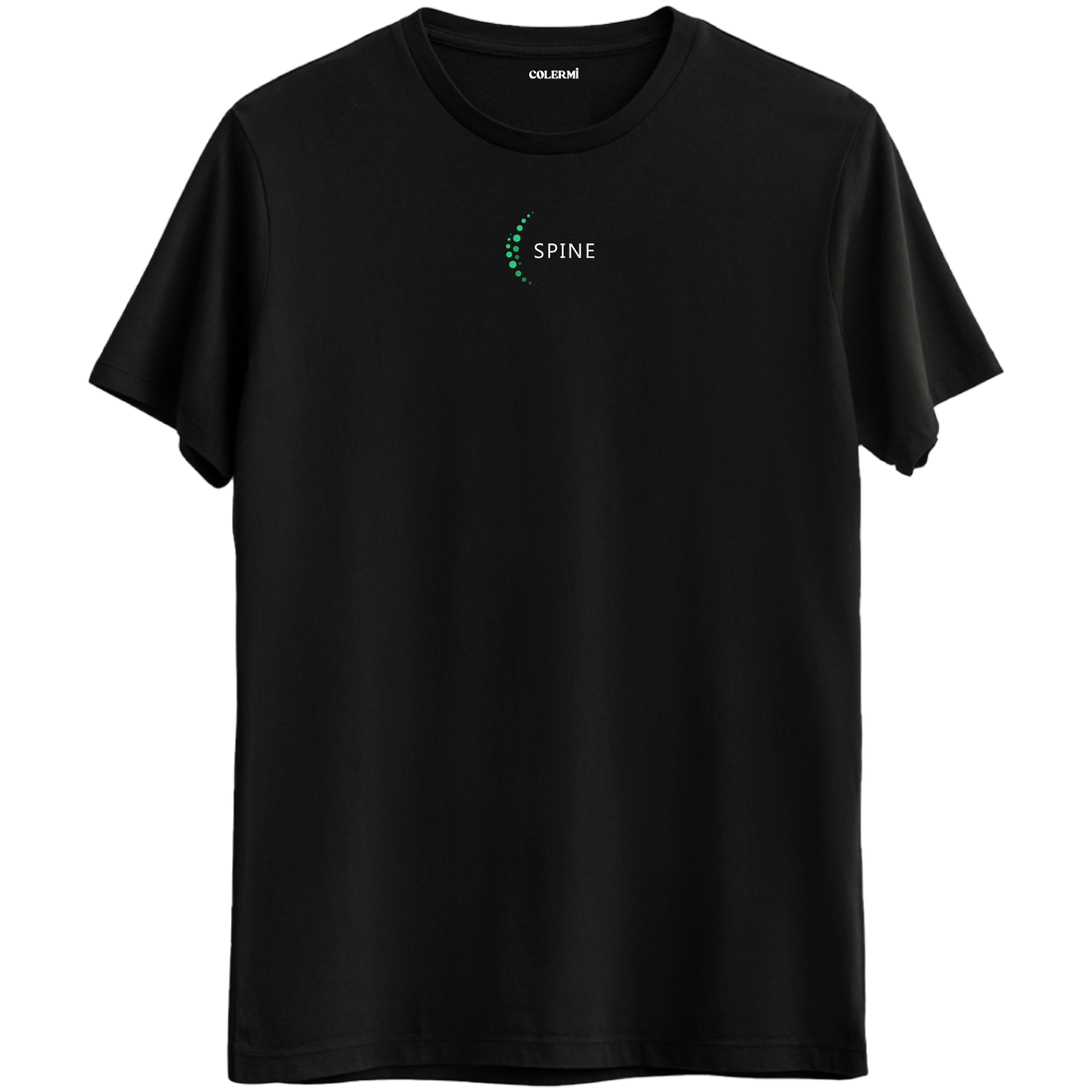 Dengenin ve gücün simgesi olan minimal omurga baskılı siyah Bisiklet Yaka T-Shirt.