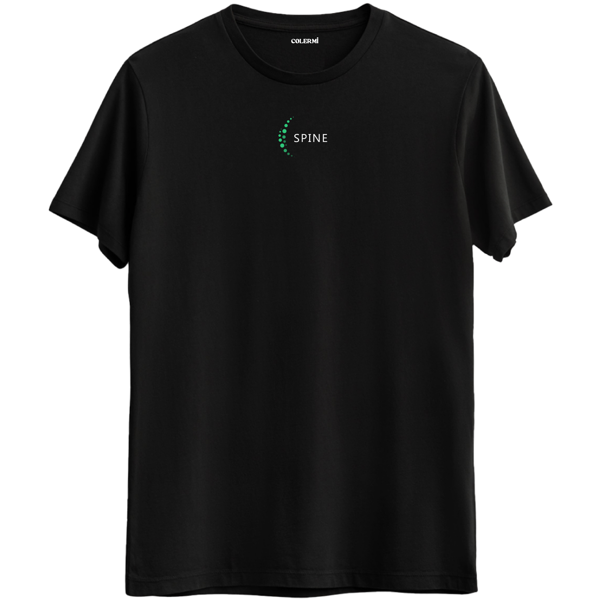 Dengenin ve gücün simgesi olan minimal omurga baskılı siyah Bisiklet Yaka T-Shirt.