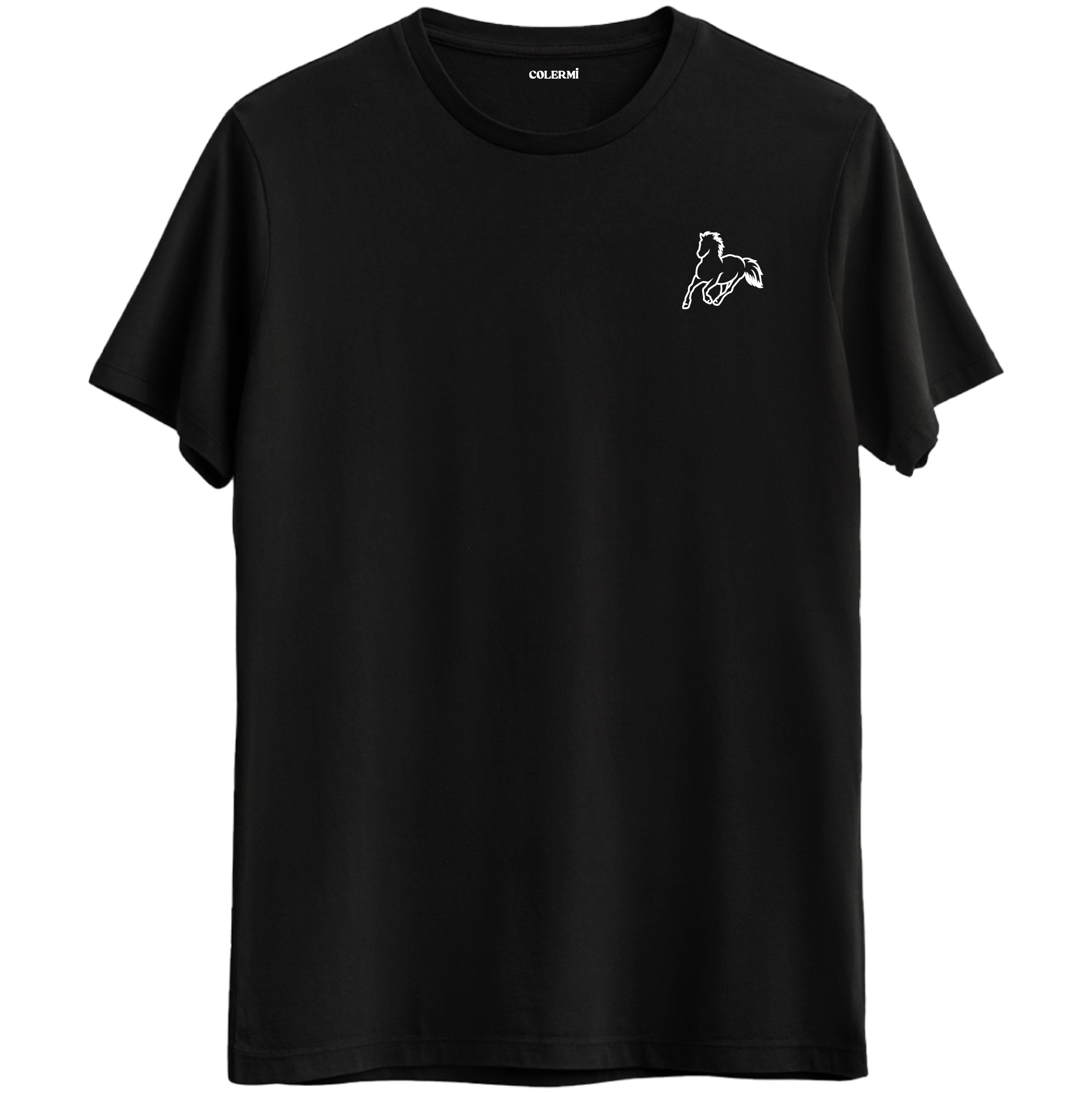 Özgürlüğün ve zarafetin simgesi olan minimal at baskılı siyah Bisiklet Yaka T-Shirt.