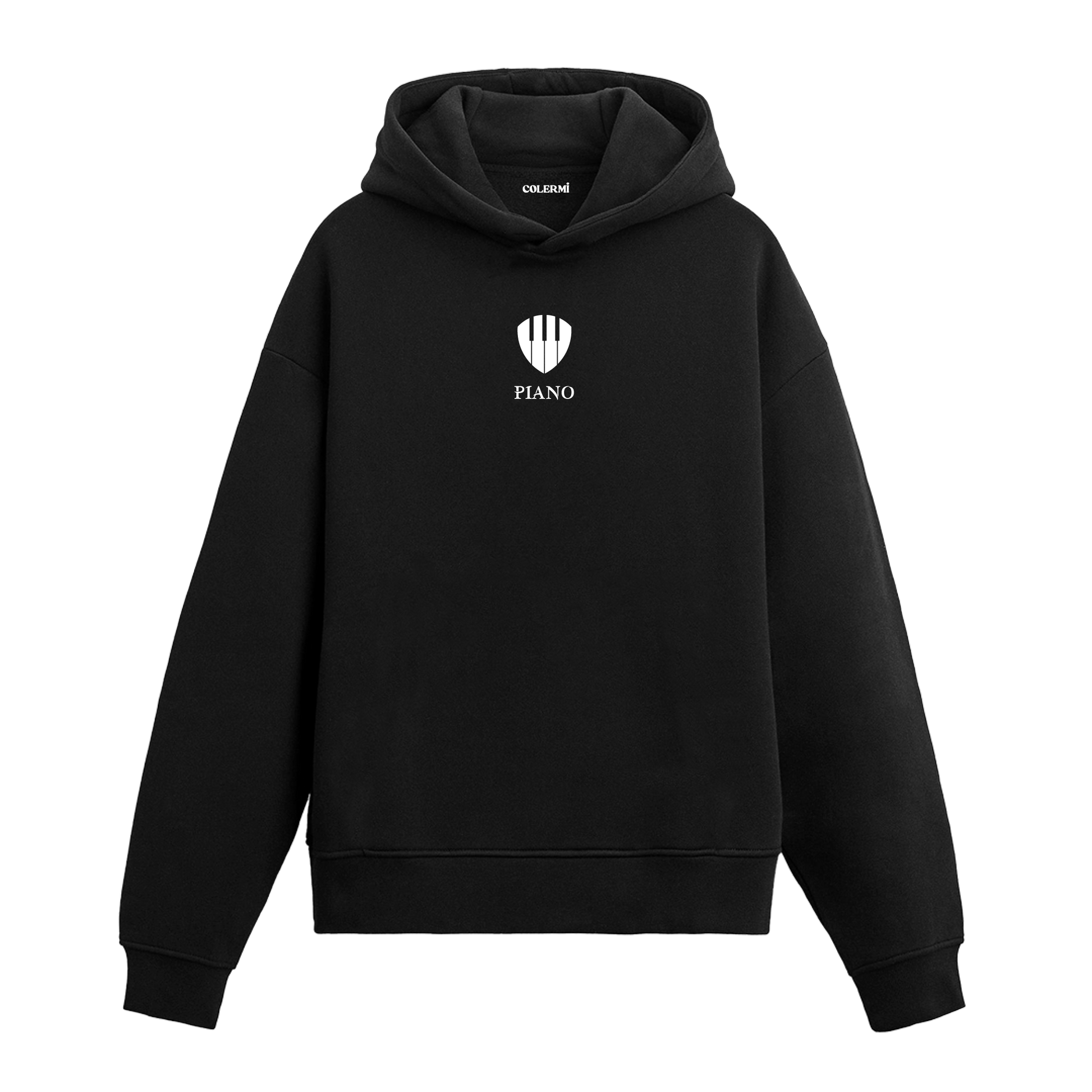 Siyah hoodie, piyano tuşlarından ilham alınmış minimal baskılı pamuklu hoodie