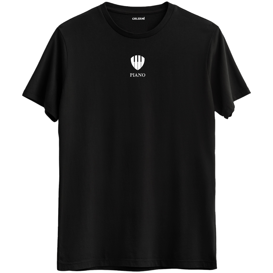 Müziğin zarafetini taşıyan minimal piyano baskılı siyah Bisiklet Yaka T-Shirt.