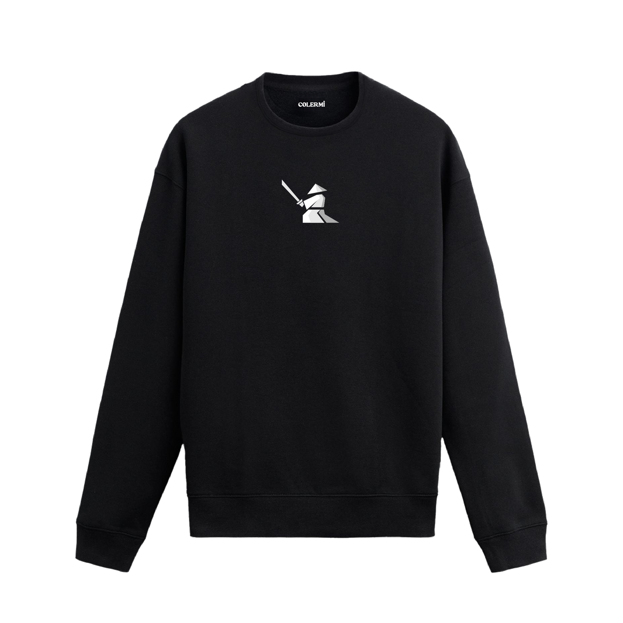 Siyah sweatshirt üzerinde beyaz minimal samuray tasarımı.