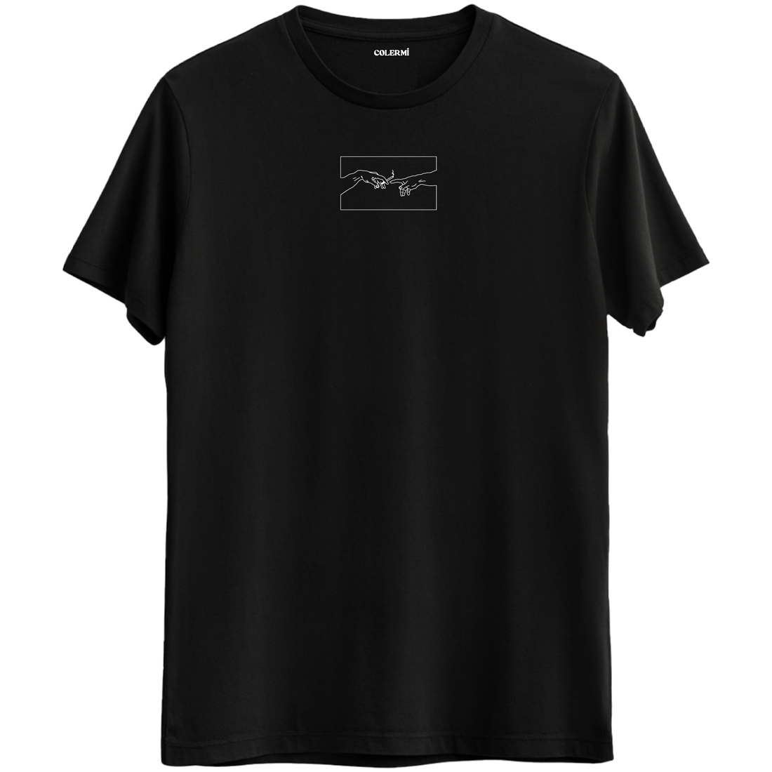 Sanatın zamansız etkisini yansıtan minimal çizgisel dokunuş baskılı siyah Bisiklet Yaka T-Shirt.