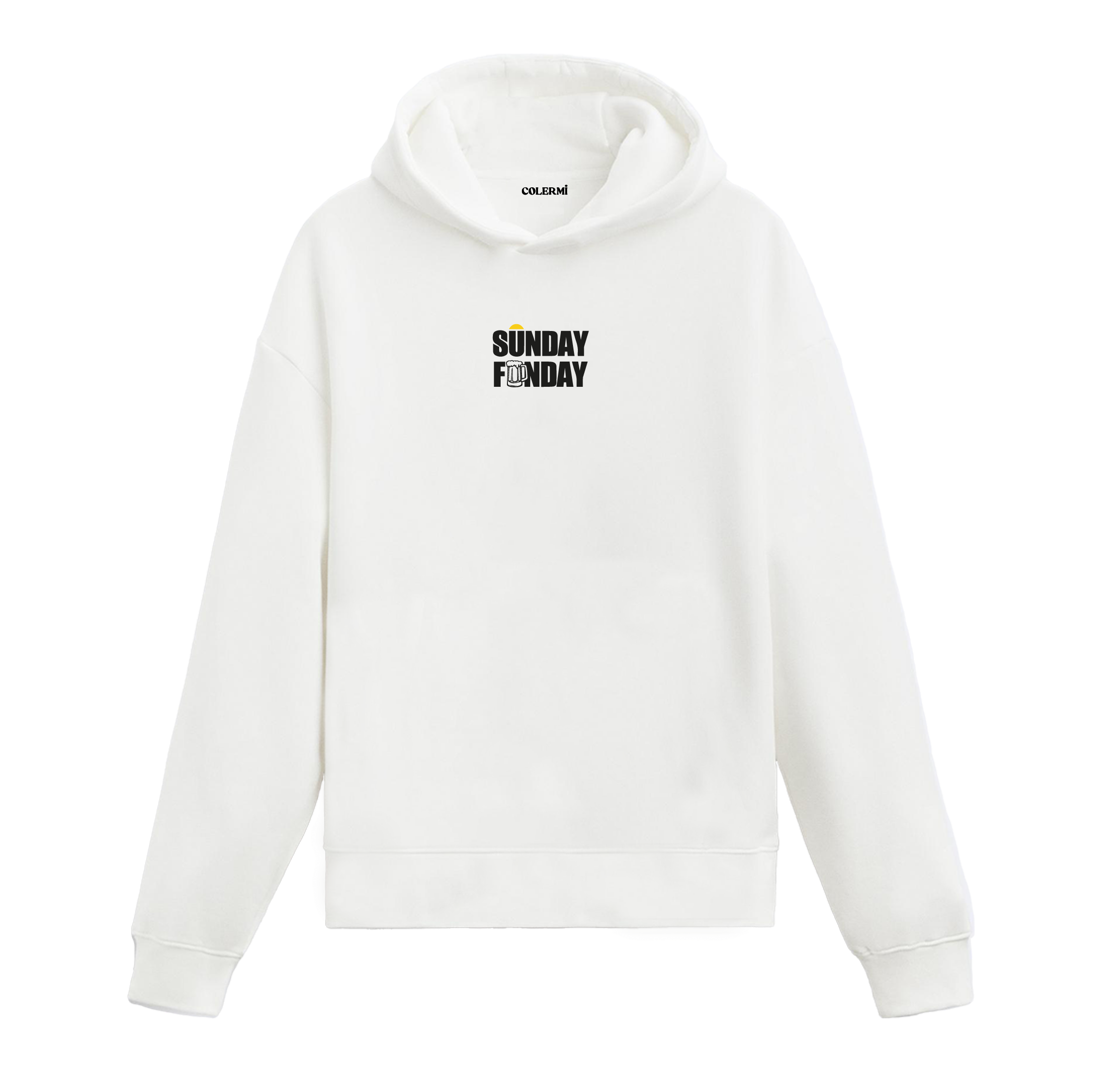 Beyaz hoodie üzerinde Sunday Funday yazısı baskısı