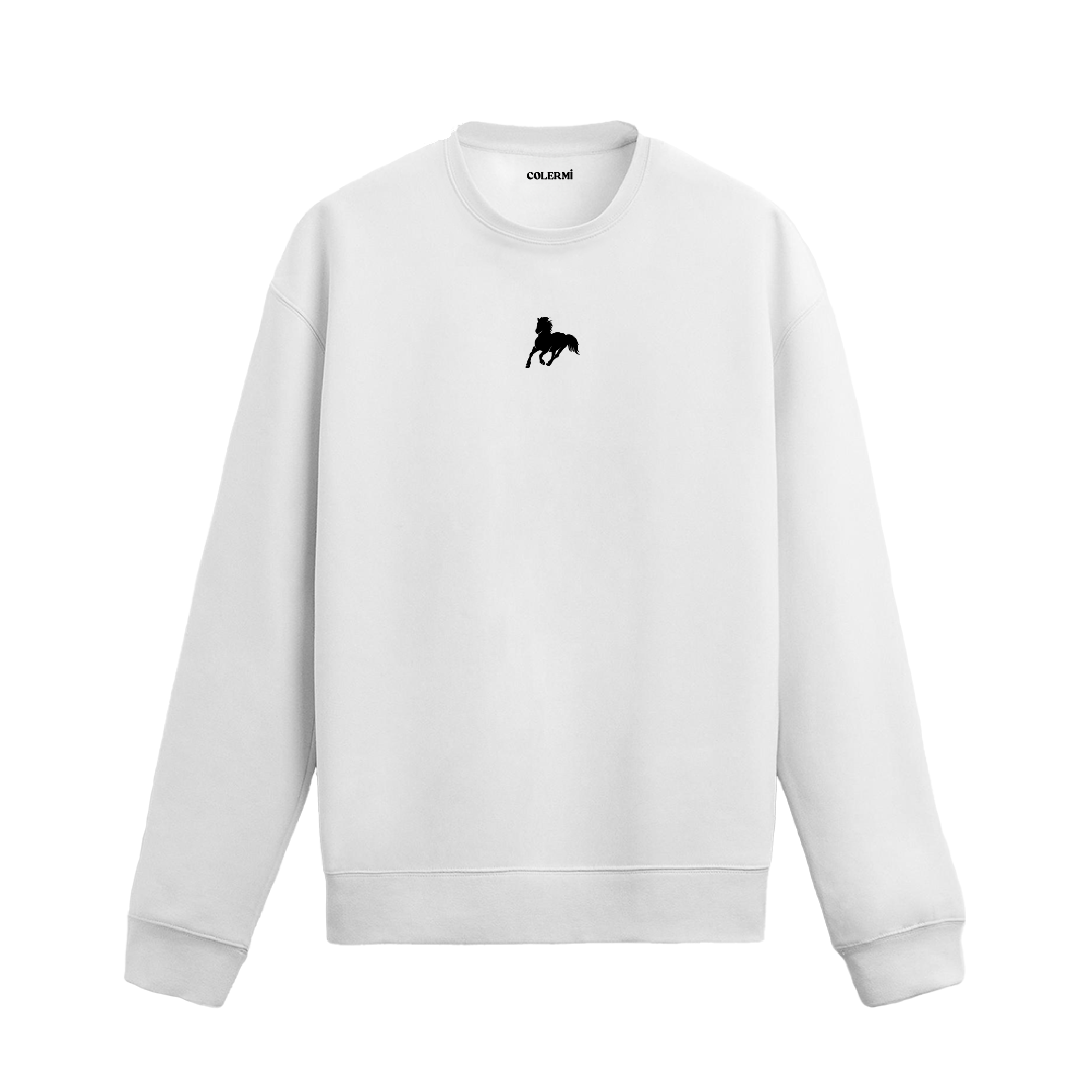 Beyaz sweatshirt üzerinde siyah minimal at figürü tasarımı.