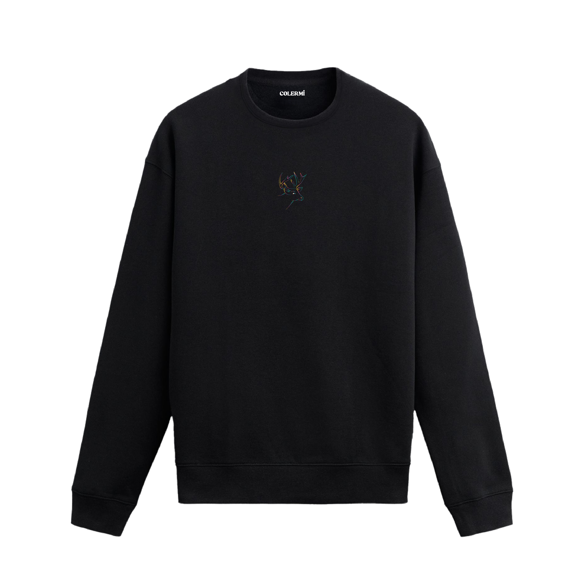 Siyah sweatshirt üzerinde ince çizgilerle işlenmiş minimal geyik figürü.
