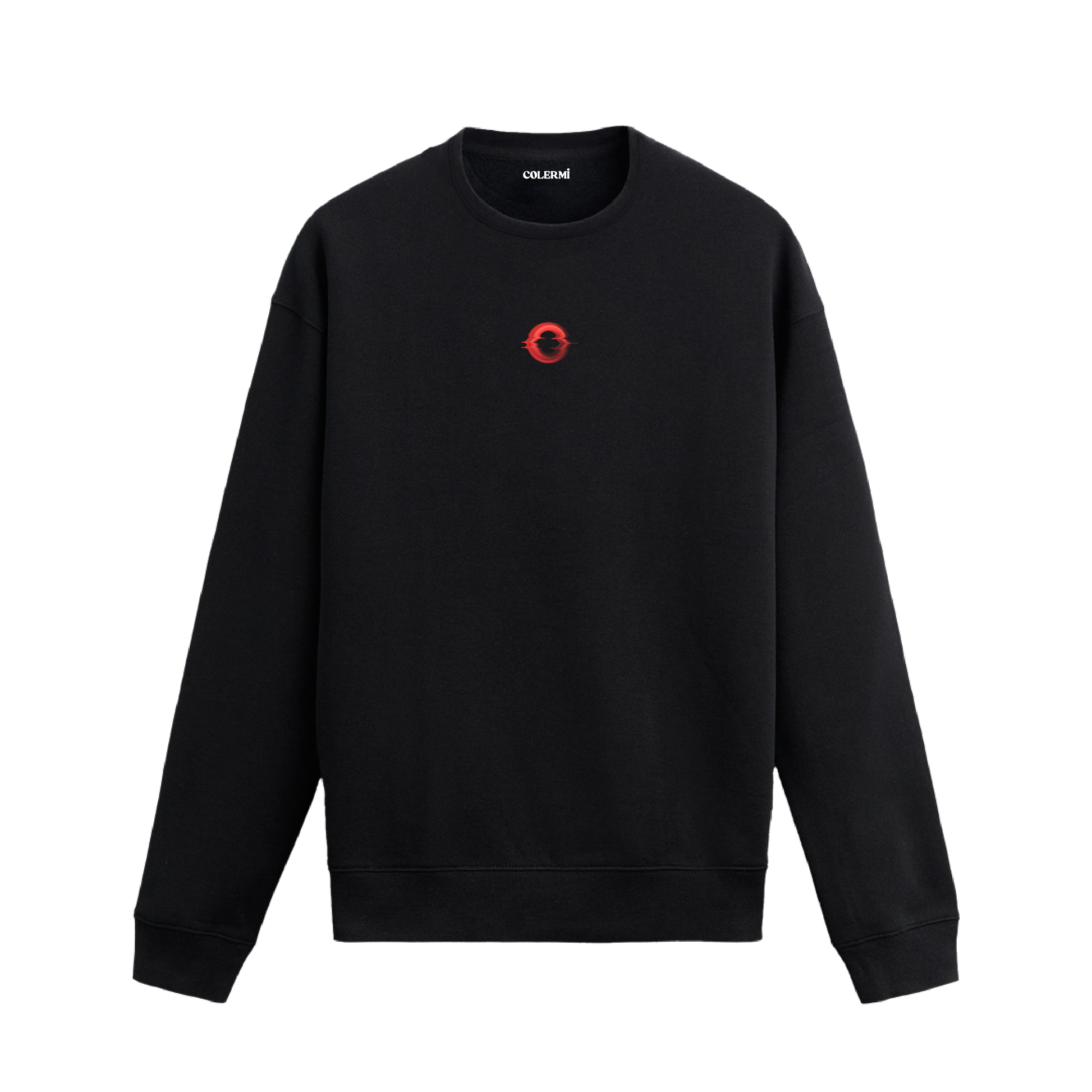 Siyah sweatshirt üzerinde kırmızı minimal daire tasarımı.