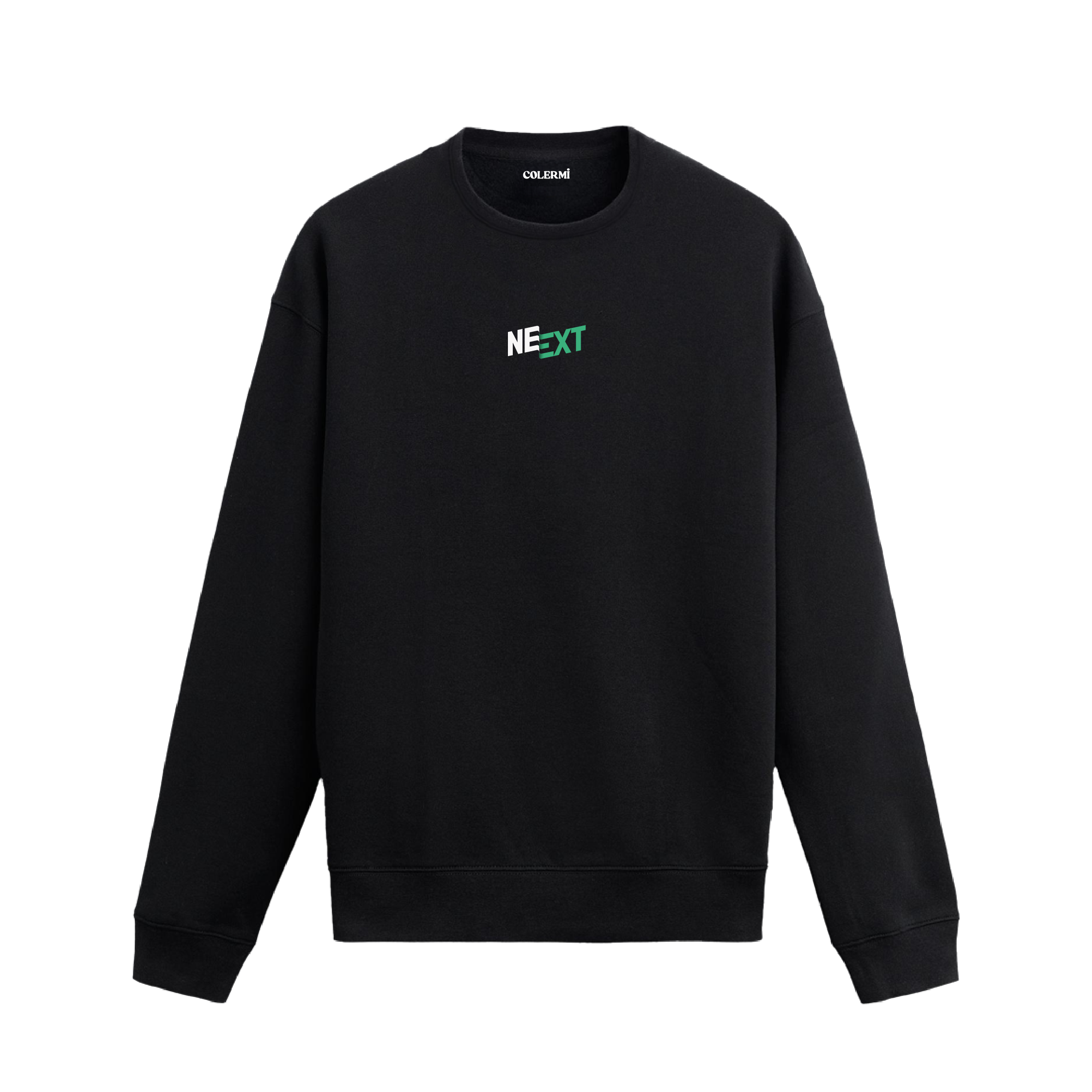 Siyah sweatshirt üzerinde yeşil ve beyaz renklerle yazılmış minimal “NEXT” tasarımı.