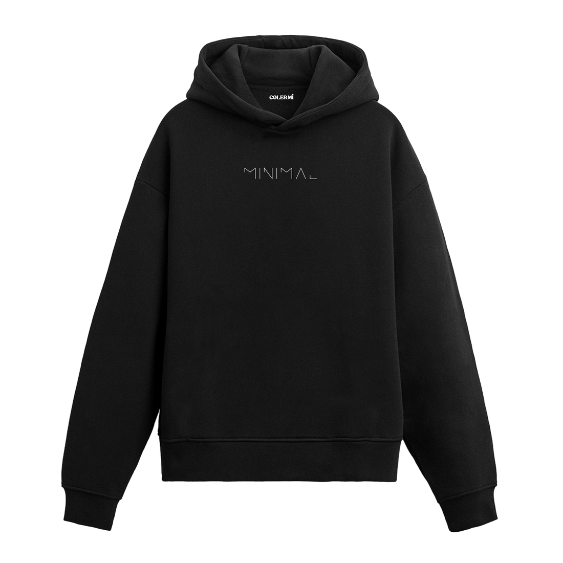 Siyah hoodie üzerinde Minimal yazısı baskısı