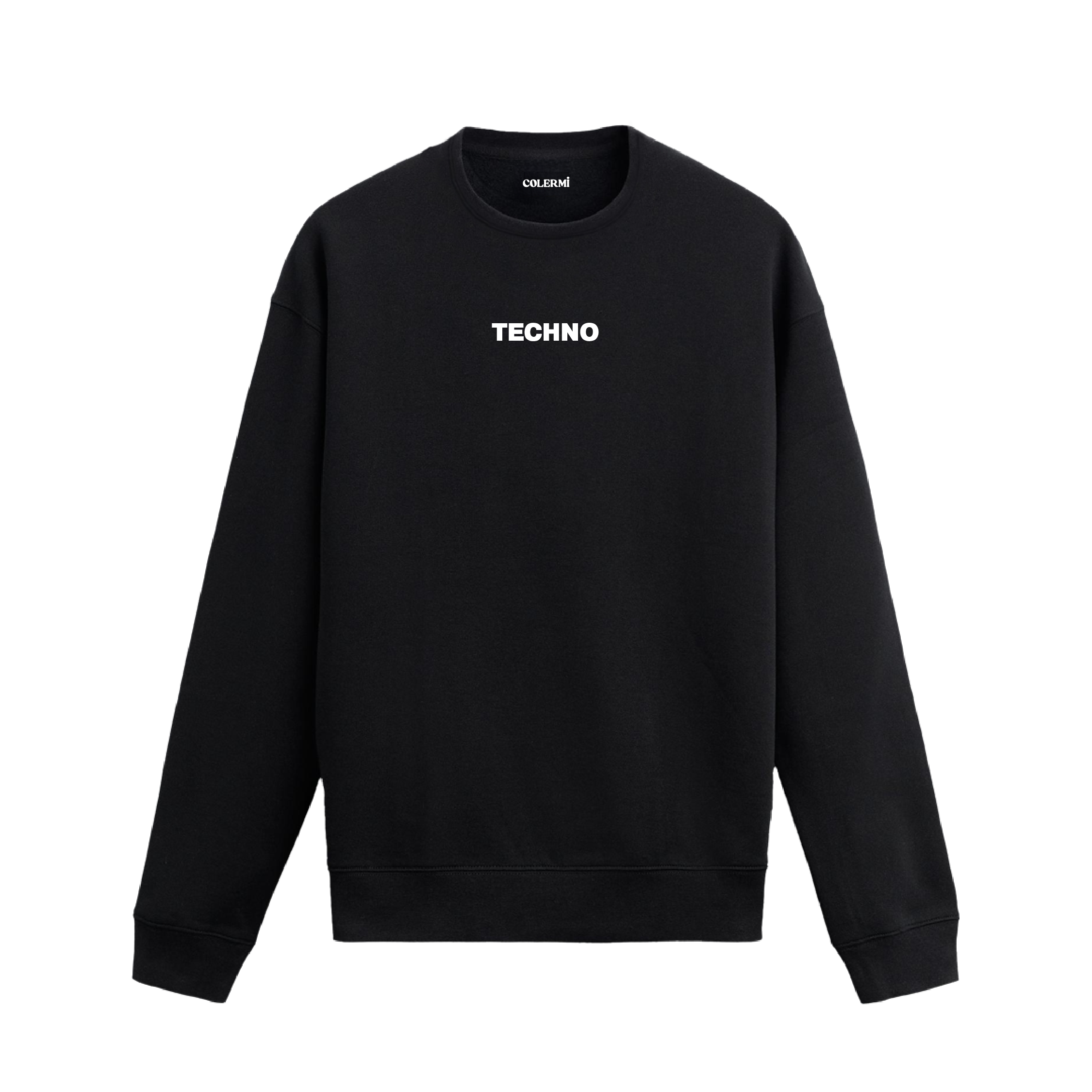 Siyah sweatshirt üzerinde beyaz minimal “TECHNO” yazısı.