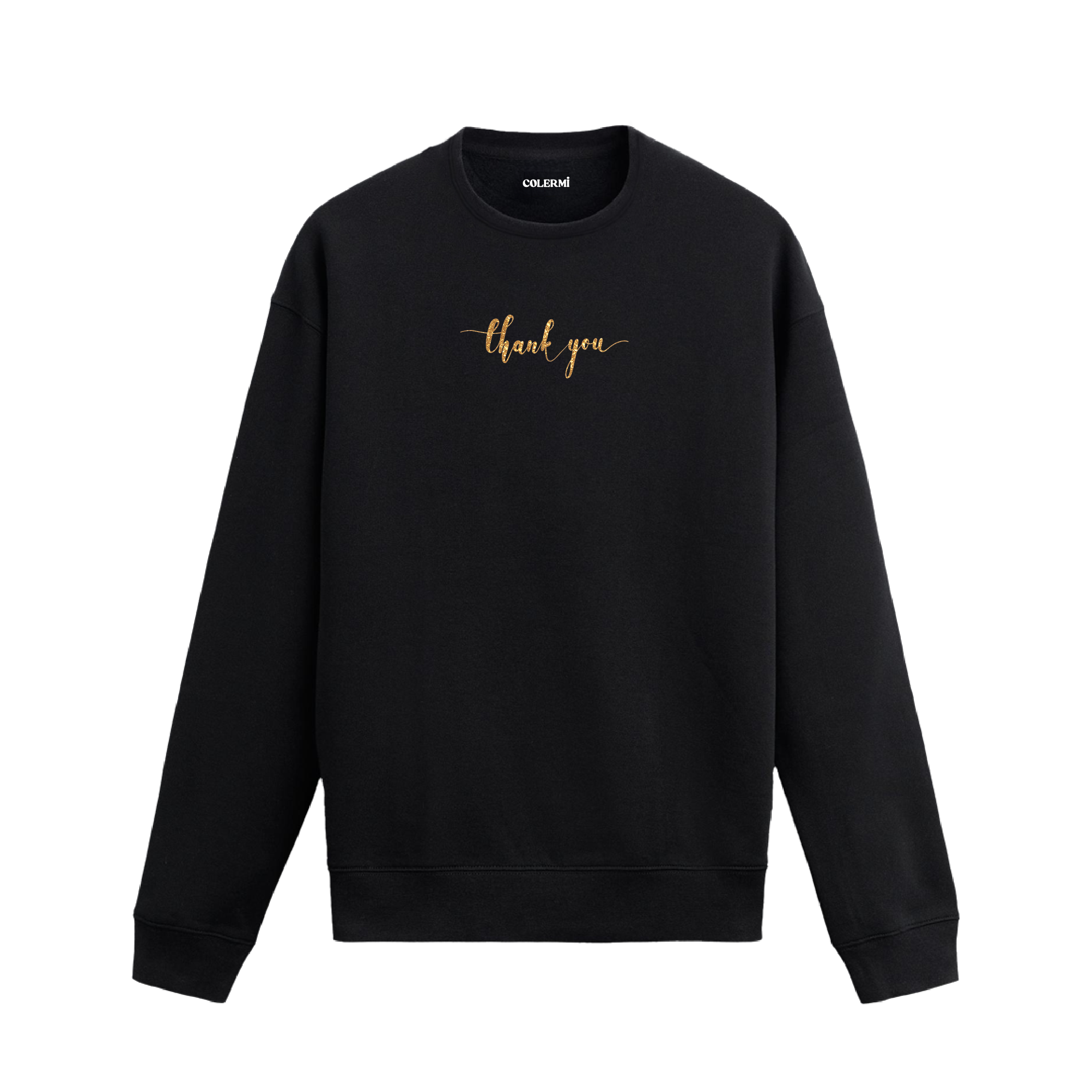 Siyah sweatshirt üzerinde göğüs kısmında altın tonlarında yazılmış “thank you” ifadesi bulunan minimal tasarım.