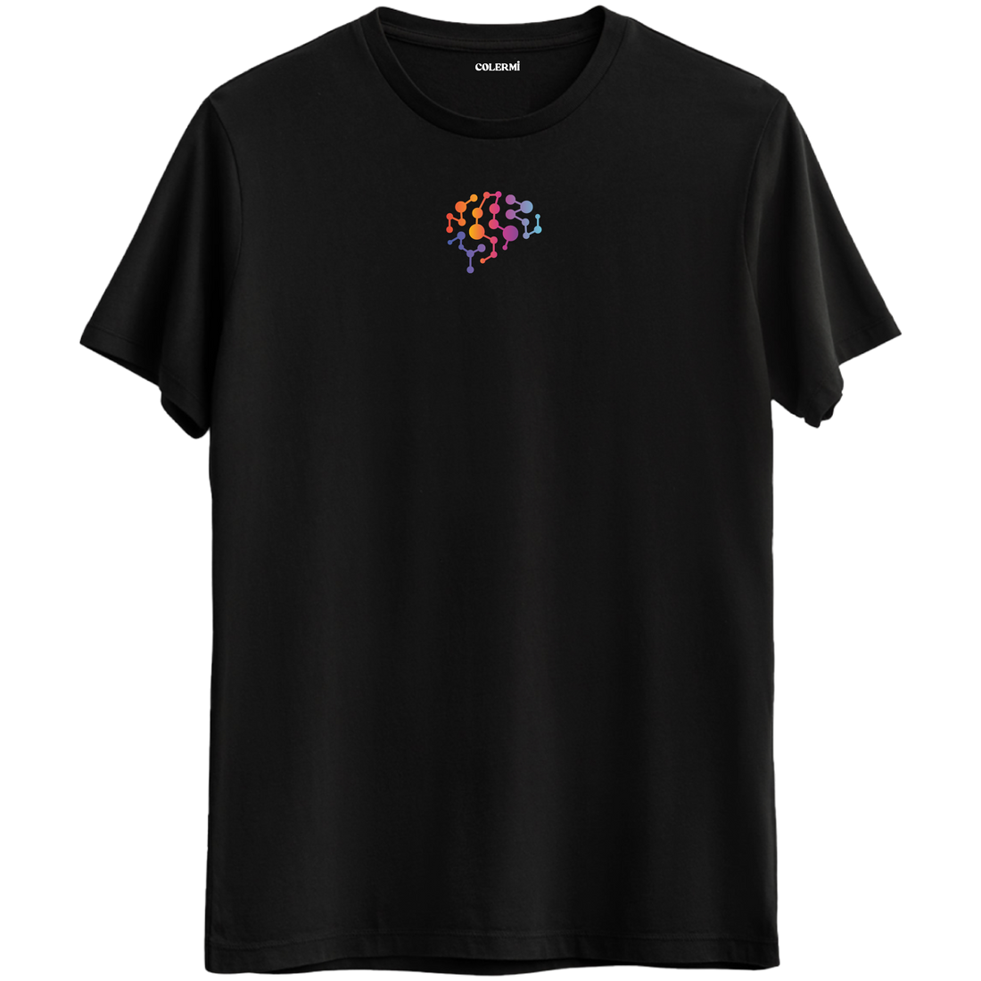 Zihnin sonsuz bağlantılarını yansıtan minimal beyin baskılı siyah Bisiklet Yaka T-Shirt.