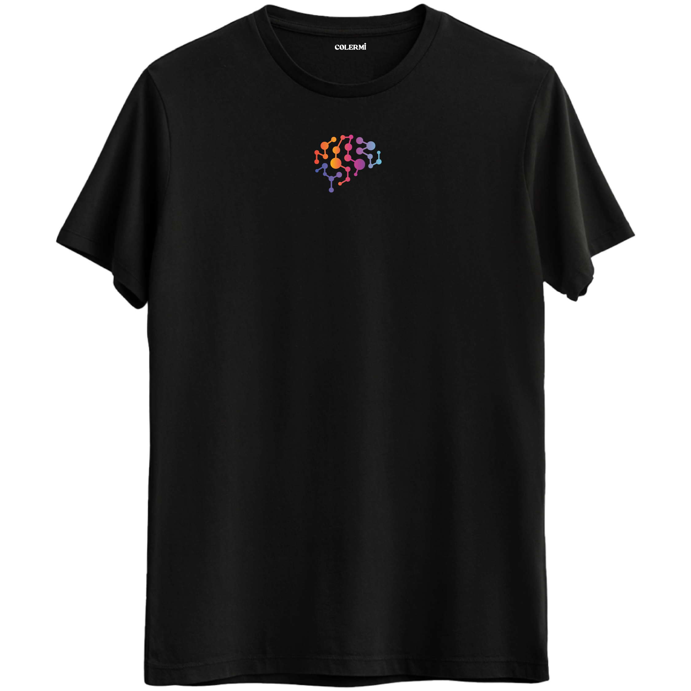 Zihnin sonsuz bağlantılarını yansıtan minimal beyin baskılı siyah Bisiklet Yaka T-Shirt.