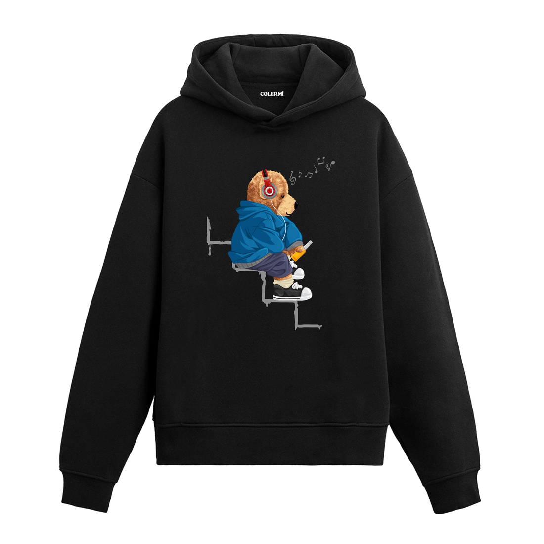 Kulaklık takıp müzik dinleyen ayıcık figürlü hoodie tasarımı.