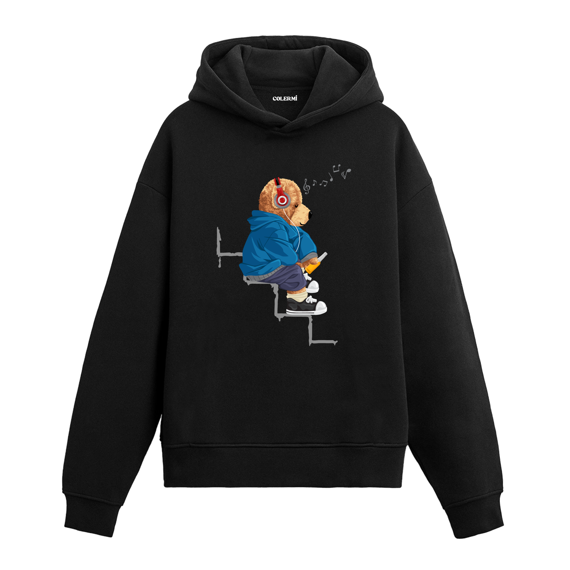 Kulaklık takıp müzik dinleyen ayıcık figürlü hoodie tasarımı.