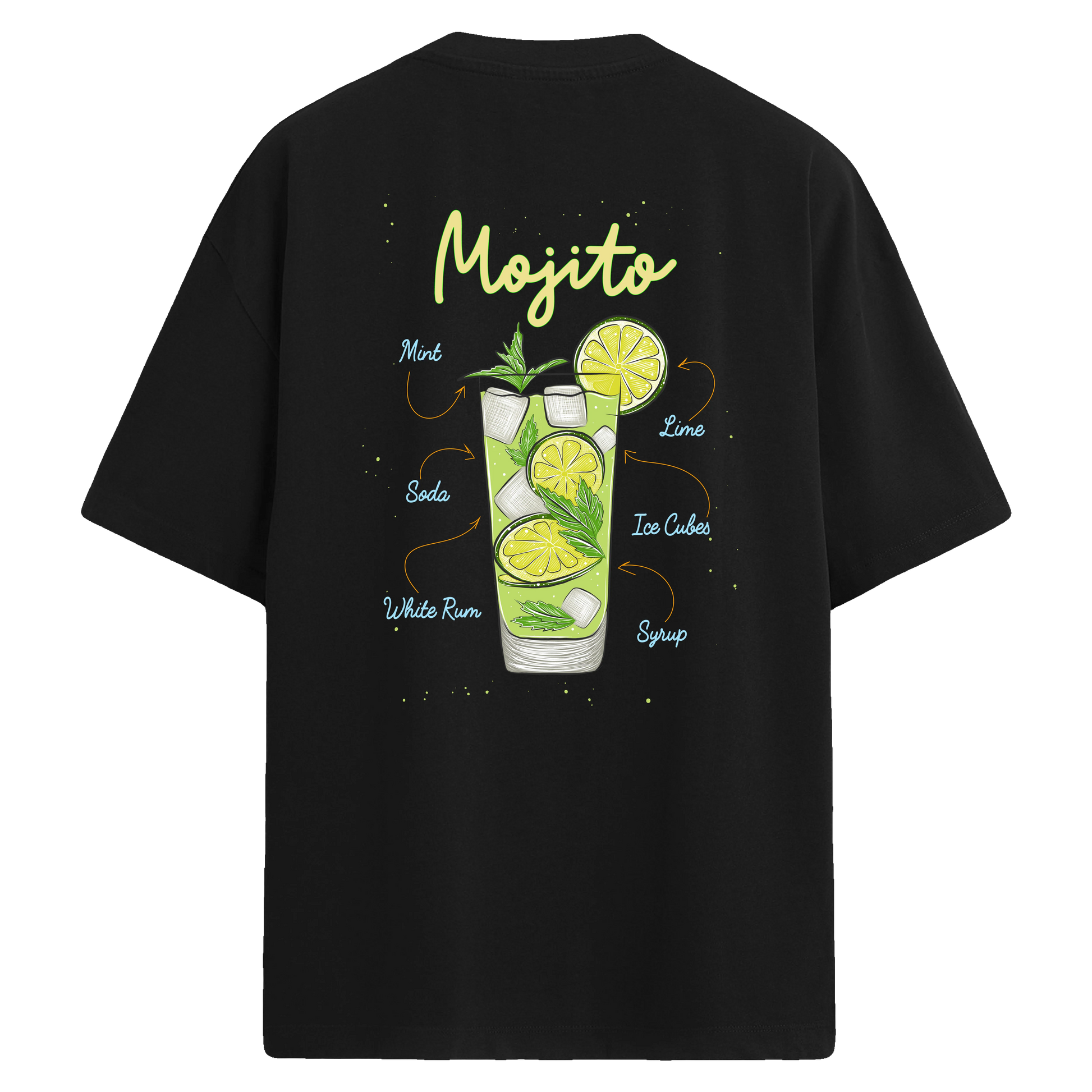 Mojito baskılı, lime ve nane temalı sırt tasarımlı oversize tişört