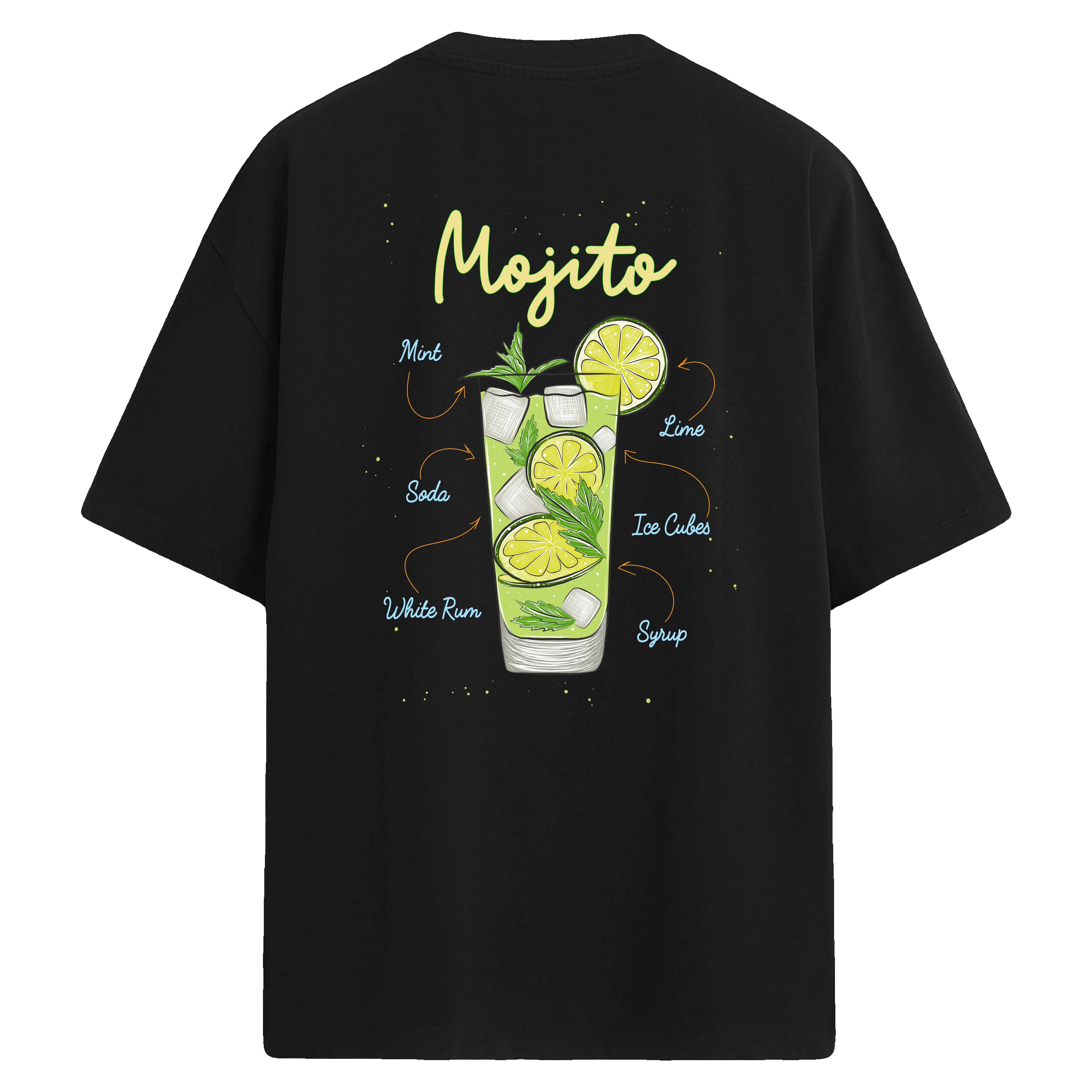 Mojito baskılı, lime ve nane temalı sırt tasarımlı oversize tişört