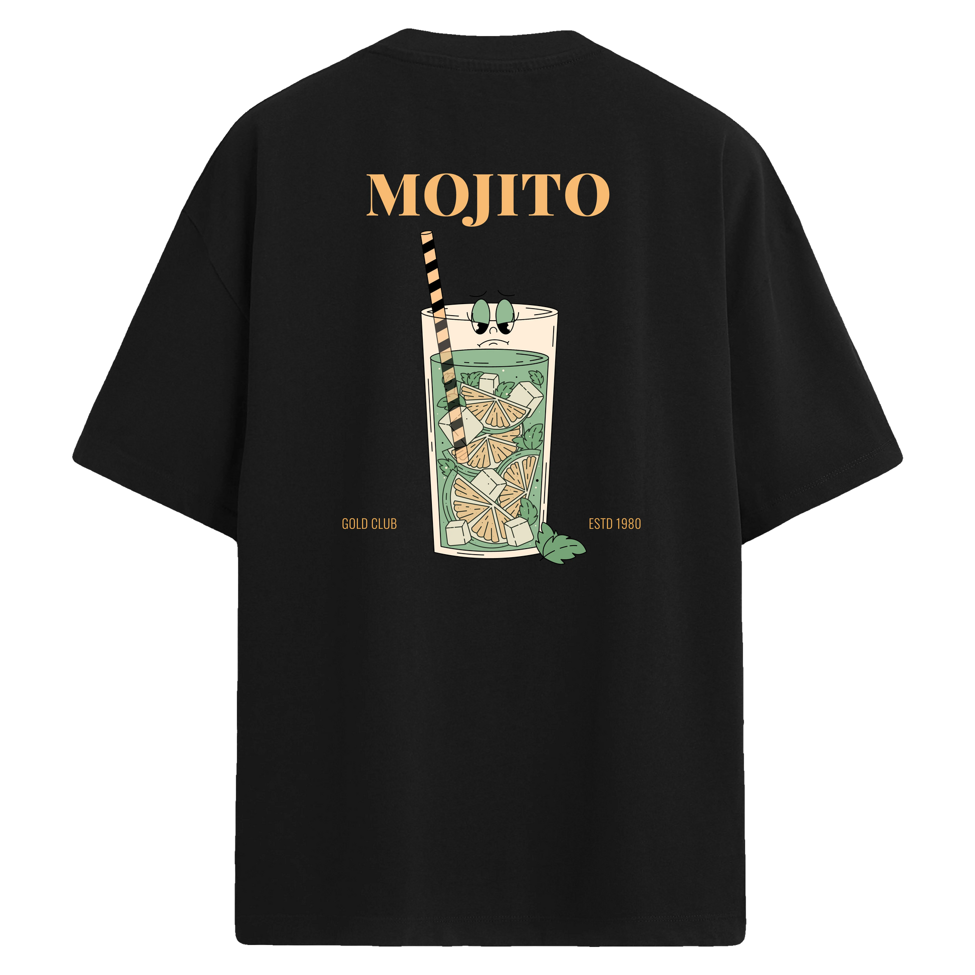 Mojito bardak çizimli sırt baskılı siyah oversize tişört