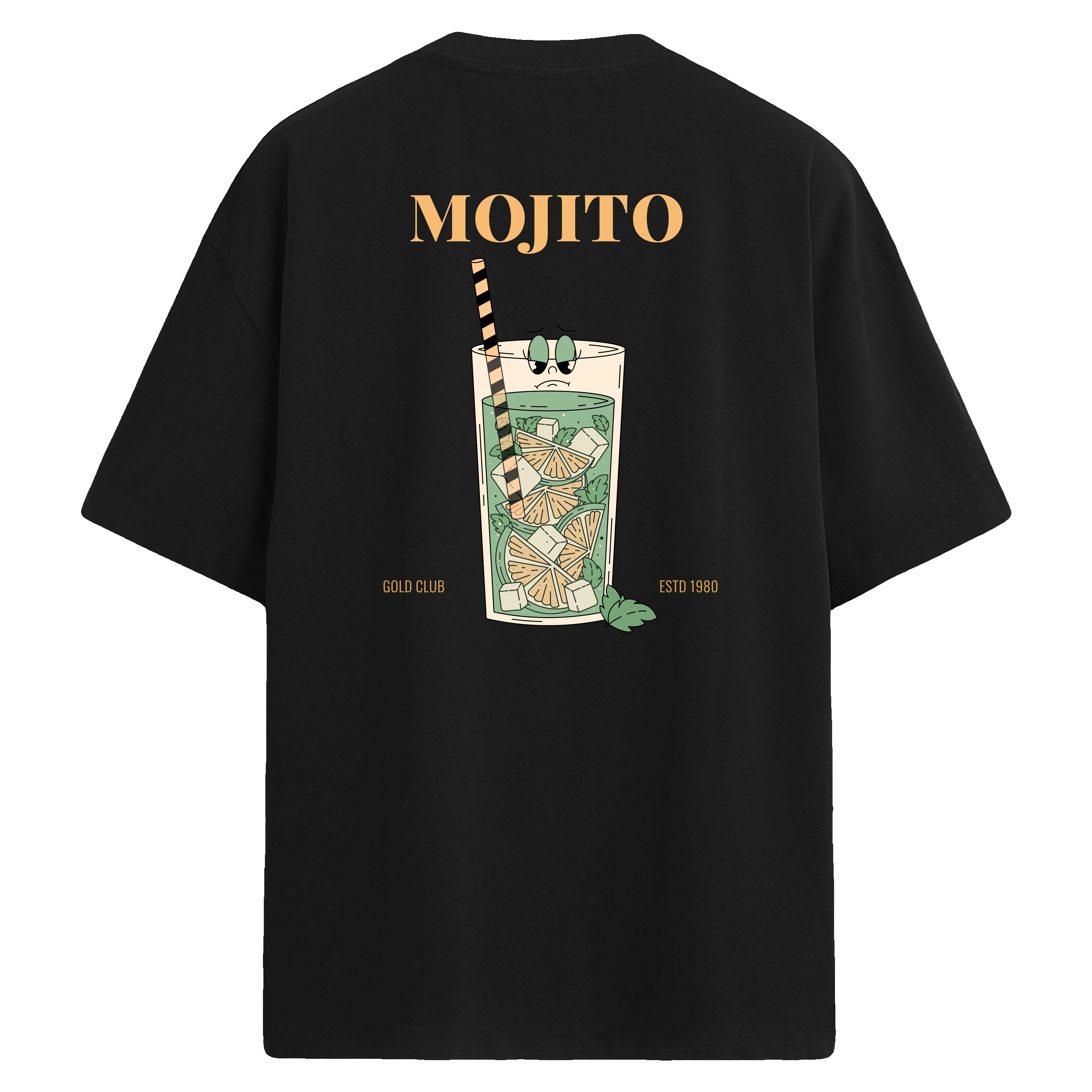 Mojito bardak çizimli sırt baskılı siyah oversize tişört