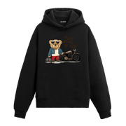 Deri ceketli, güneş gözlüklü ayıcığın motosiklet yanında durduğu baskılı hoodie tasarımı.