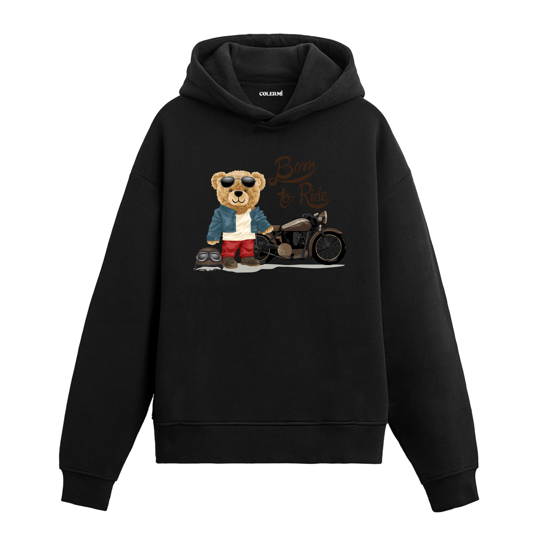 Deri ceketli, güneş gözlüklü ayıcığın motosiklet yanında durduğu baskılı hoodie tasarımı.