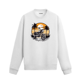 Sahil gün batımı ve motorsiklet tasarımlı siyah sweatshirt.