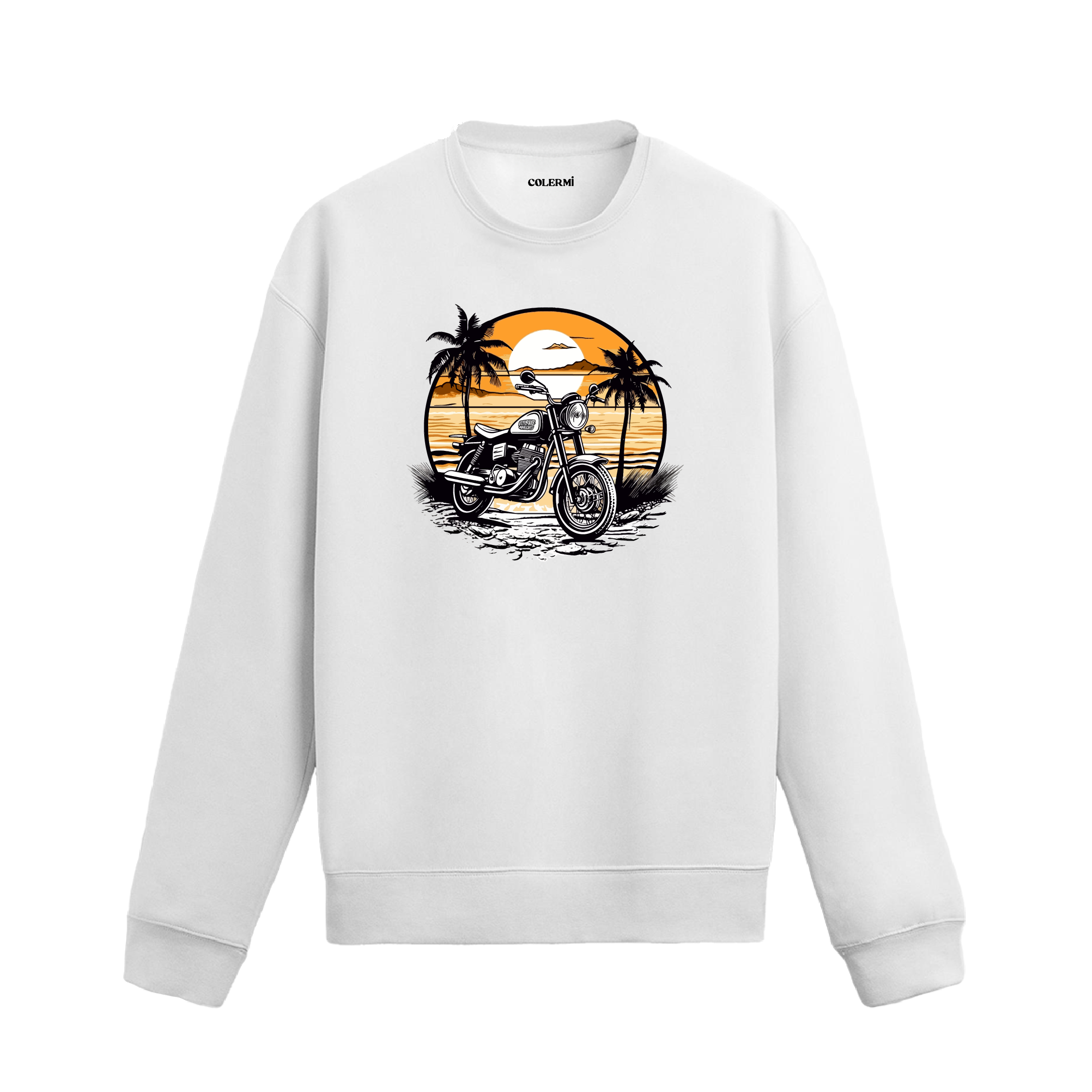 Sahil gün batımı ve motorsiklet tasarımlı siyah sweatshirt.