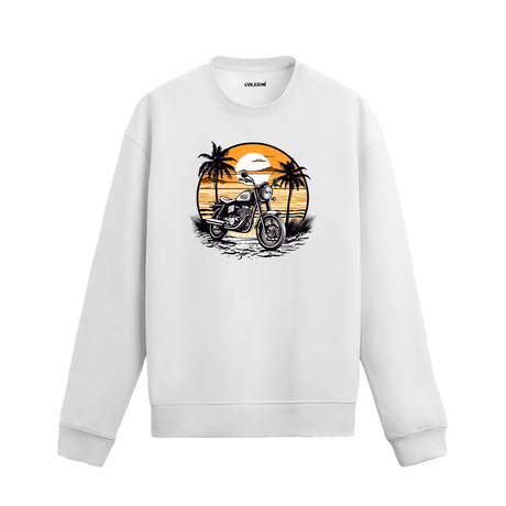 Sahil gün batımı ve motorsiklet tasarımlı siyah sweatshirt.