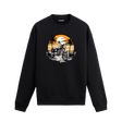Sahil gün batımı ve motorsiklet tasarımlı siyah sweatshirt.