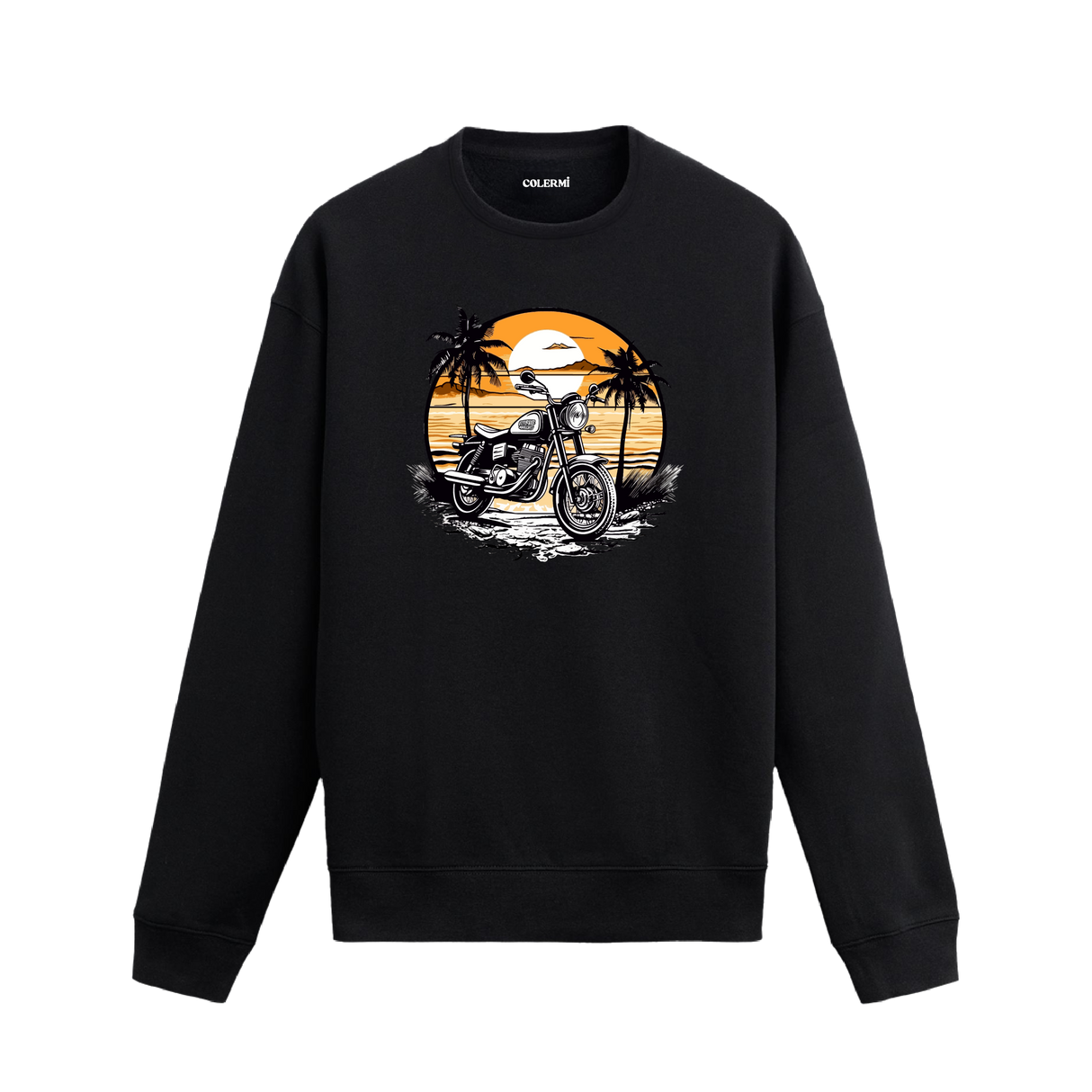 Sahil gün batımı ve motorsiklet tasarımlı siyah sweatshirt.