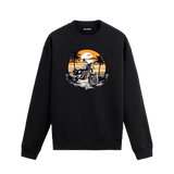Sahil gün batımı ve motorsiklet tasarımlı siyah sweatshirt.
