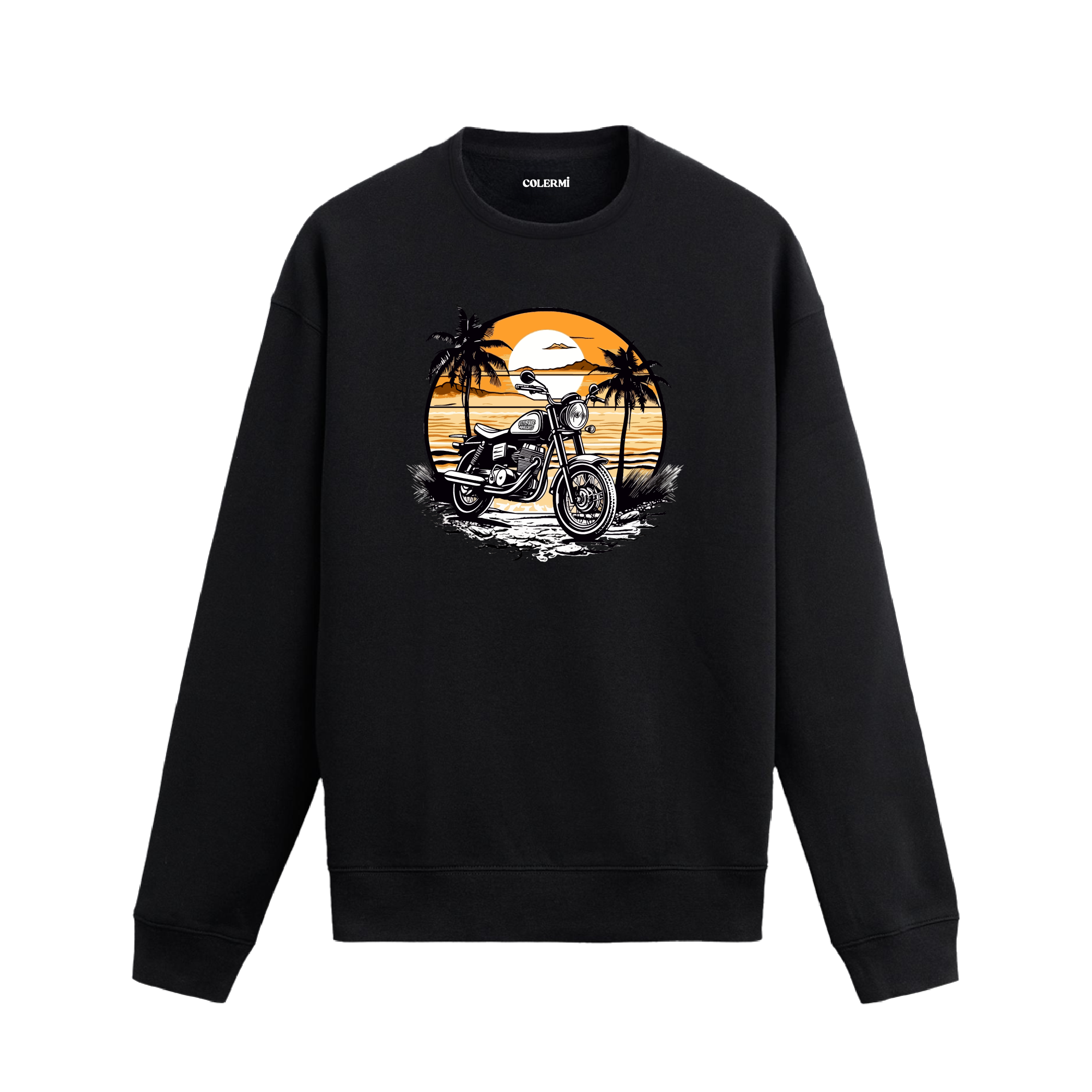 Sahil gün batımı ve motorsiklet tasarımlı siyah sweatshirt.