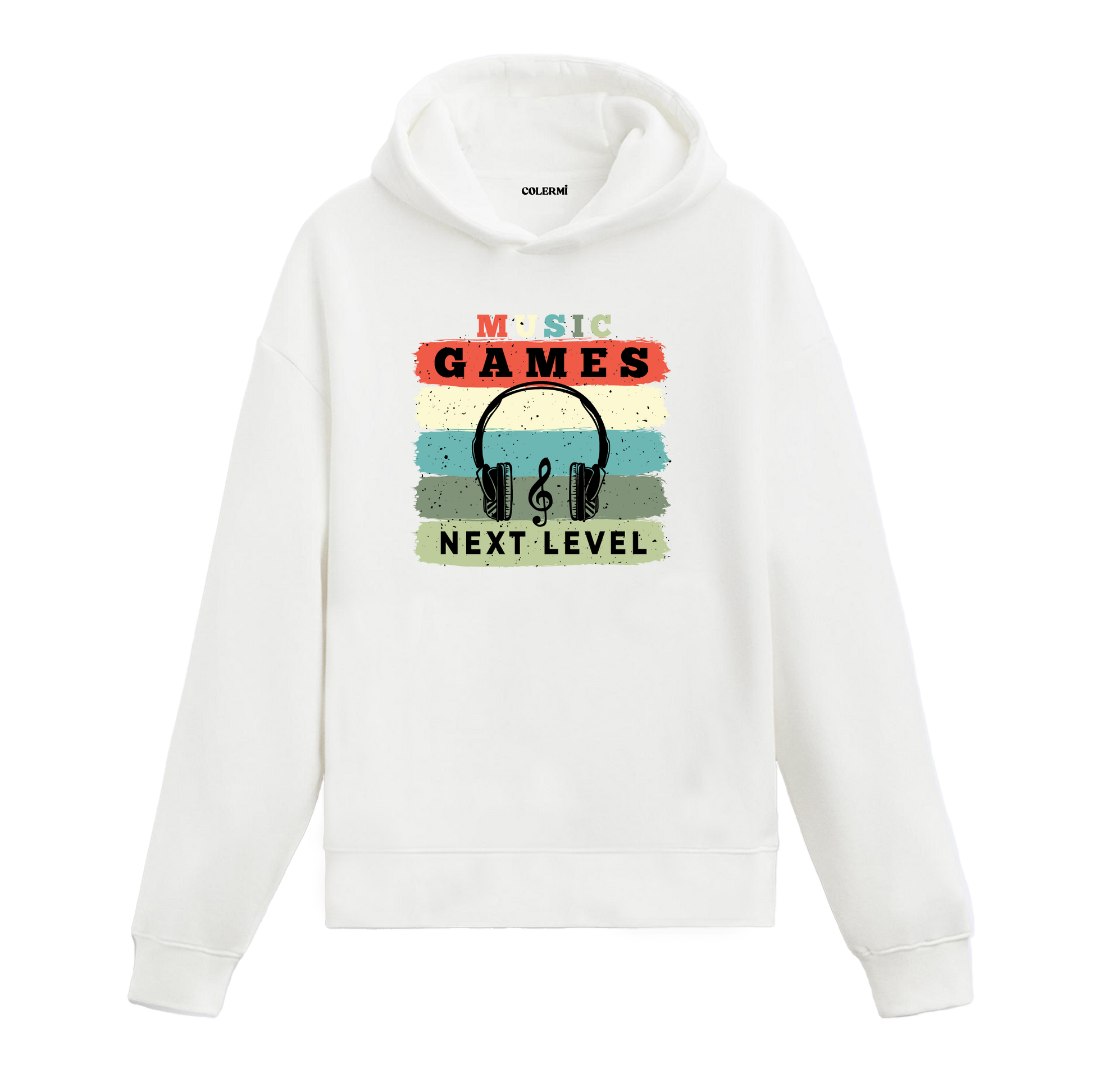 Beyaz Music Games Next Level baskılı hoodie, retro çizgili tasarım, %100 pamuk hoodie