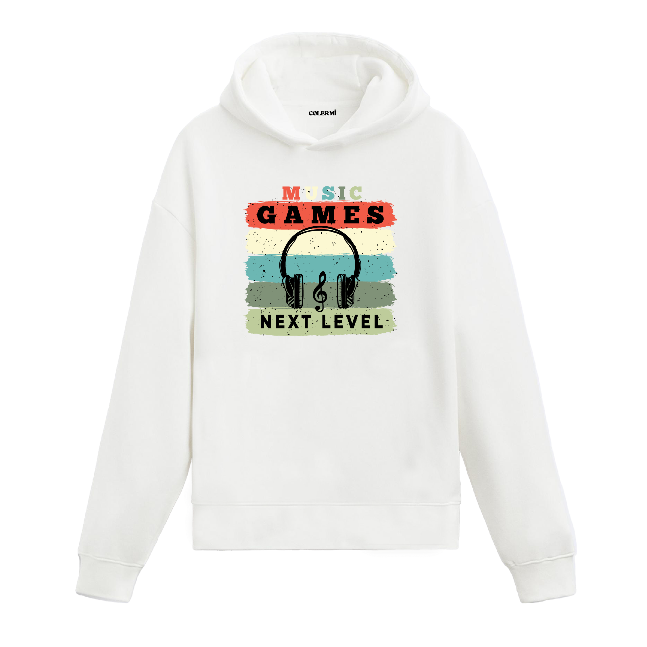 Beyaz Music Games Next Level baskılı hoodie, retro çizgili tasarım, %100 pamuk hoodie