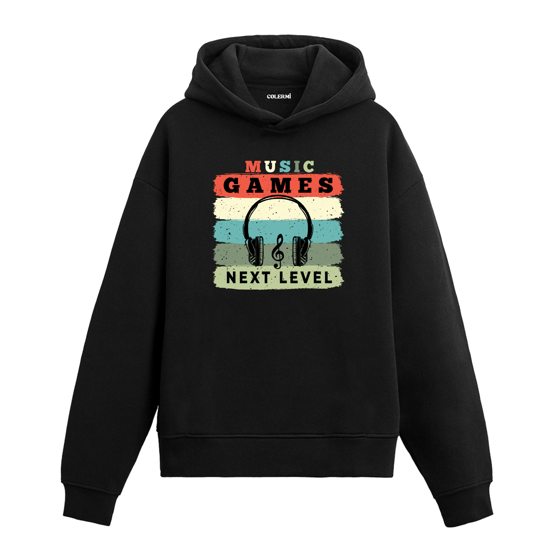 Siyah Music Games Next Level baskılı hoodie, kulaklık tasarım, pamuklu unisex hoodie
