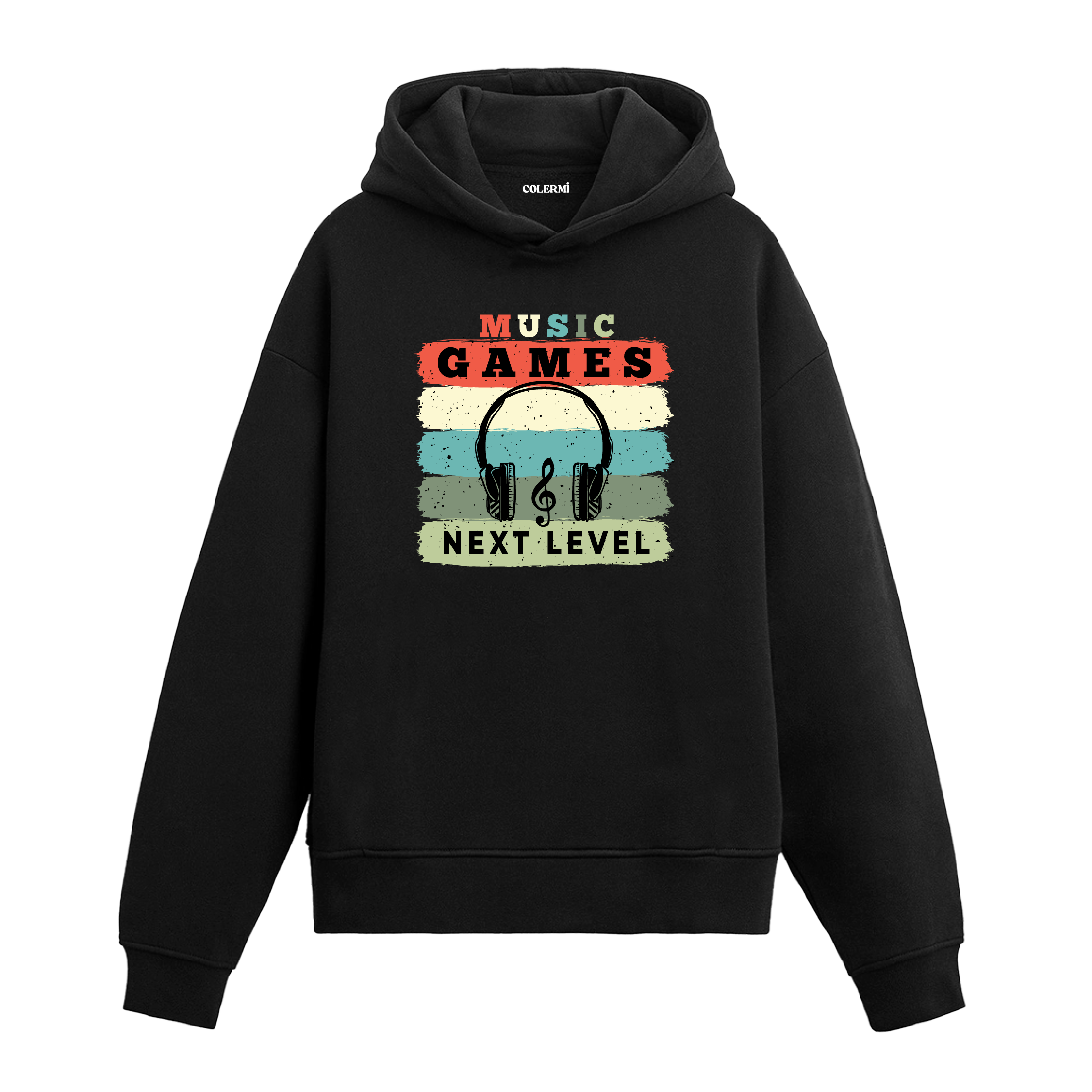 Siyah Music Games Next Level baskılı hoodie, kulaklık tasarım, pamuklu unisex hoodie