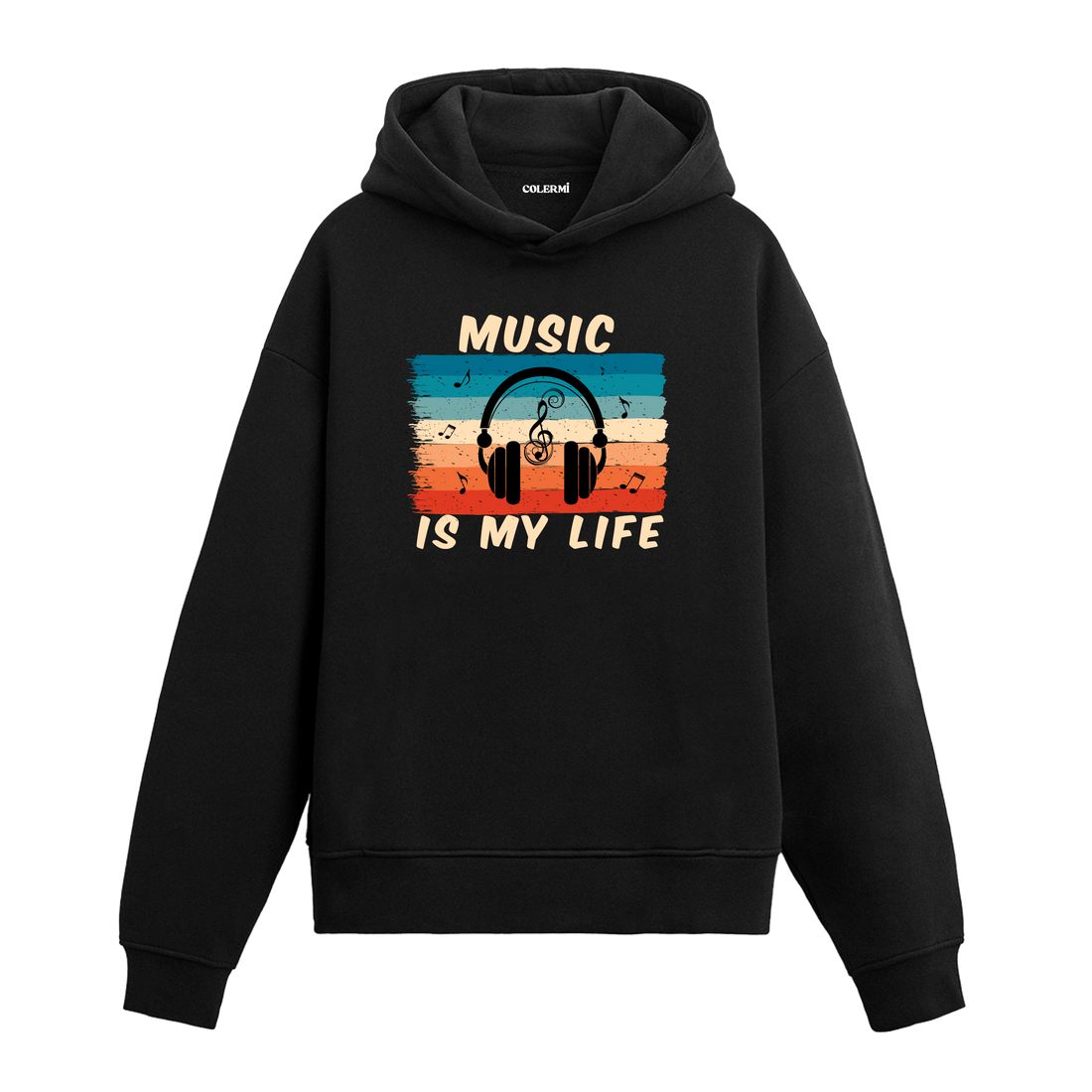 Music Is My Life yazılı siyah hoodie – kulaklık ve nota baskılı müzik temalı tasarım