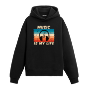 Music Is My Life yazılı siyah hoodie – kulaklık ve nota baskılı müzik temalı tasarım