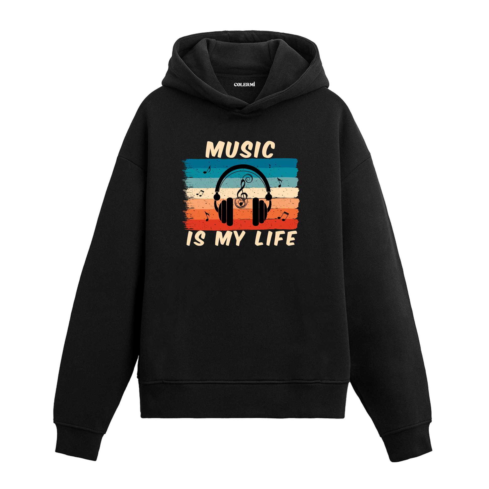 Music Is My Life yazılı siyah hoodie – kulaklık ve nota baskılı müzik temalı tasarım