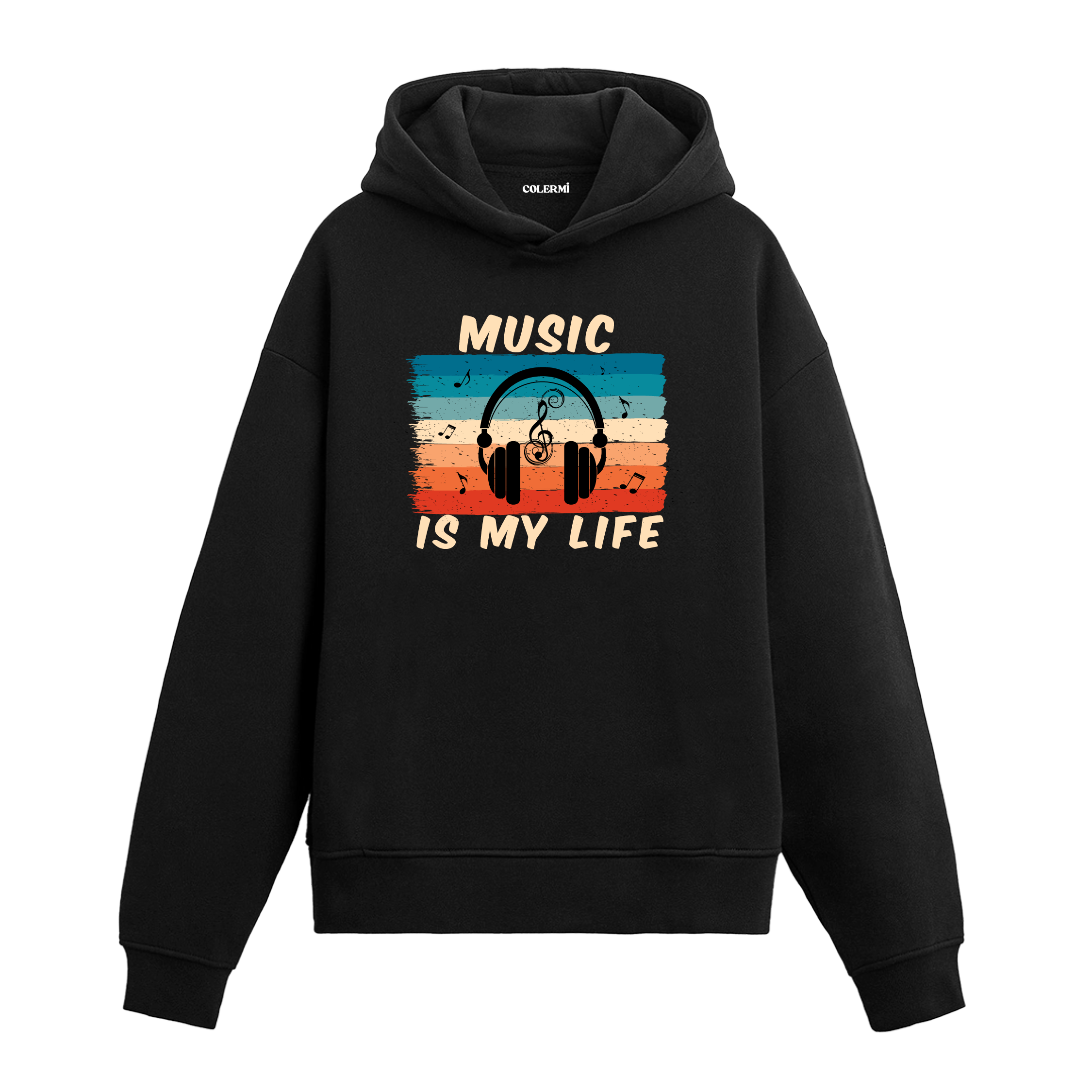 Music Is My Life yazılı siyah hoodie – kulaklık ve nota baskılı müzik temalı tasarım
