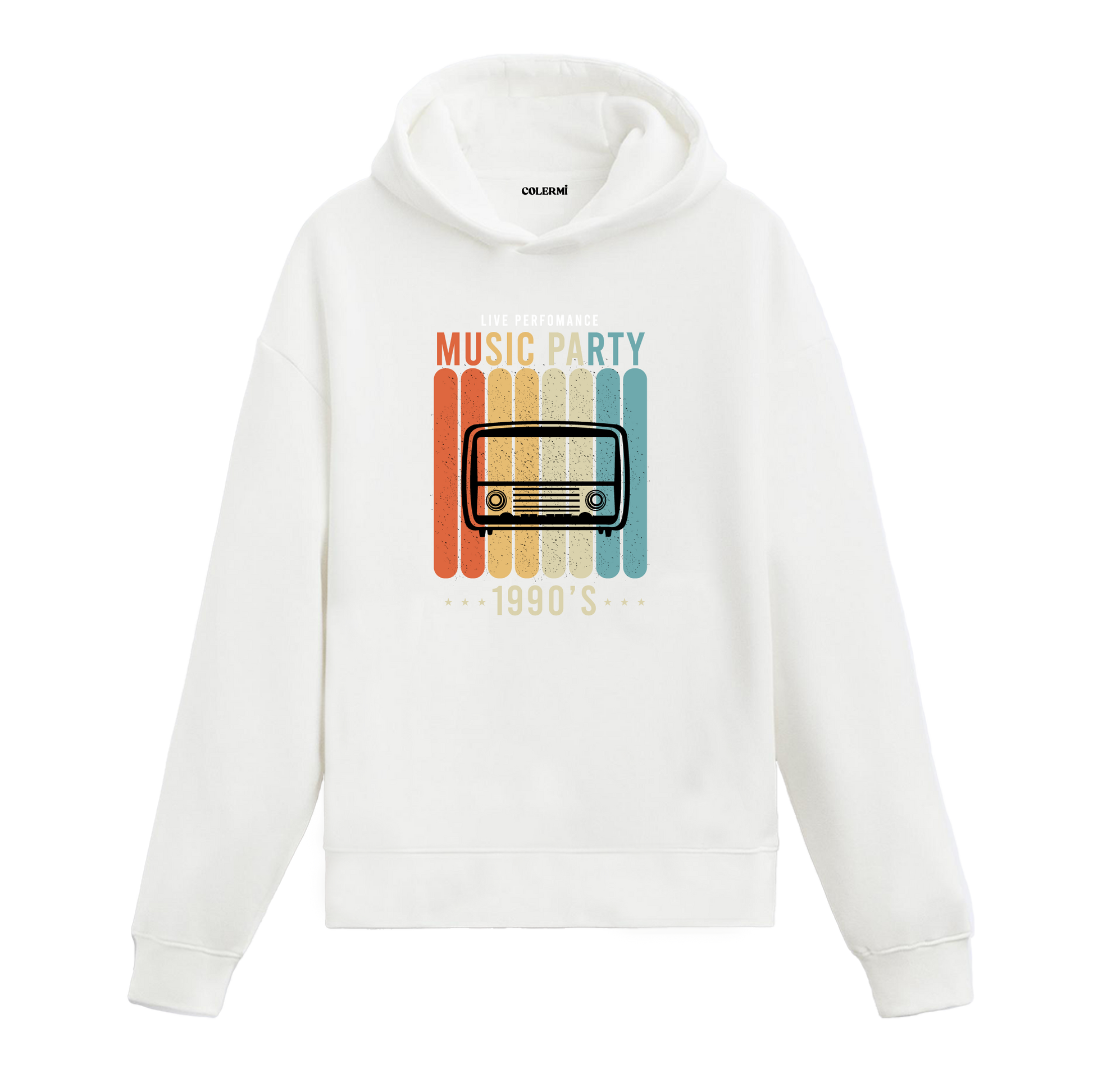 Beyaz hoodie, retro radyo baskılı Music Party 1990’s tasarım, pamuklu unisex hoodie